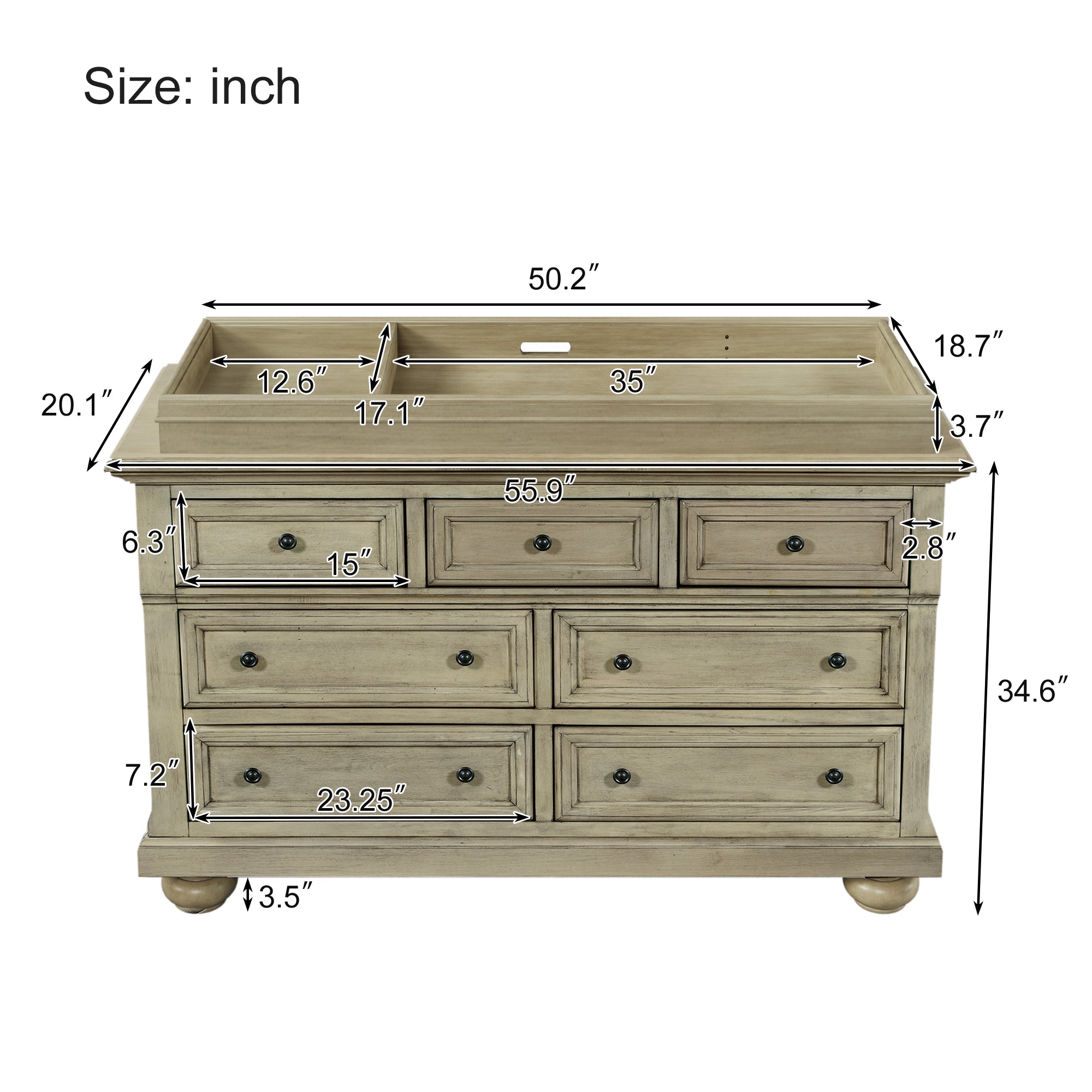 Solid Wood Seven-Drawer Dresser with Changing Topper for Nursery