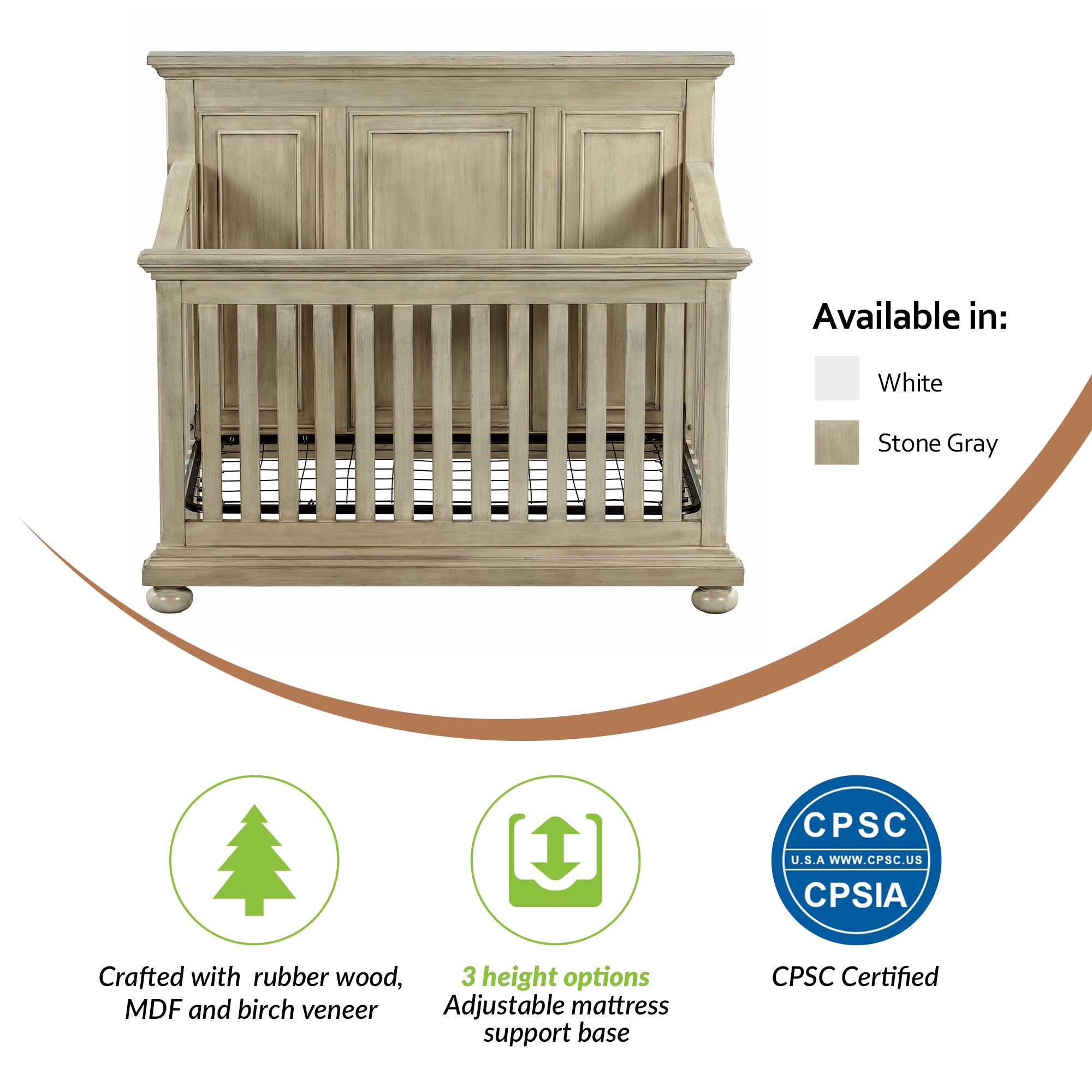 Traditional Farmhouse Style 4-in-1 Full Size Convertible Crib - Converts to Toddler Bed and Daybed and Full-Size Bed