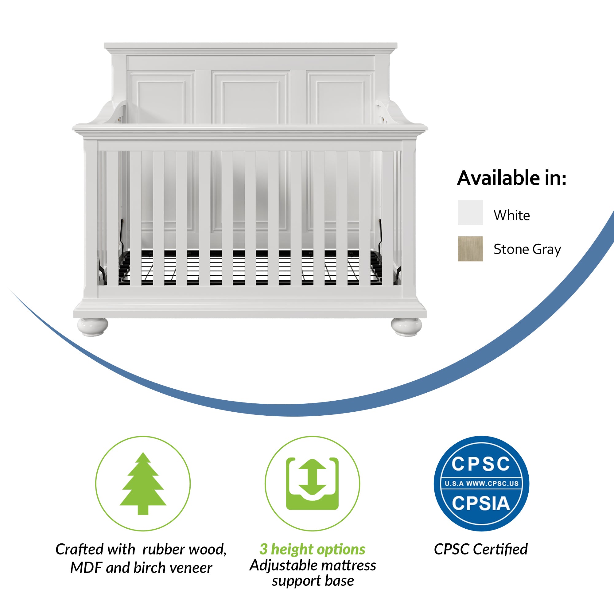 Traditional Farmhouse Style 4-in-1 Full Size Convertible Crib - Converts to Toddler Bed and Daybed and Full-Size Bed