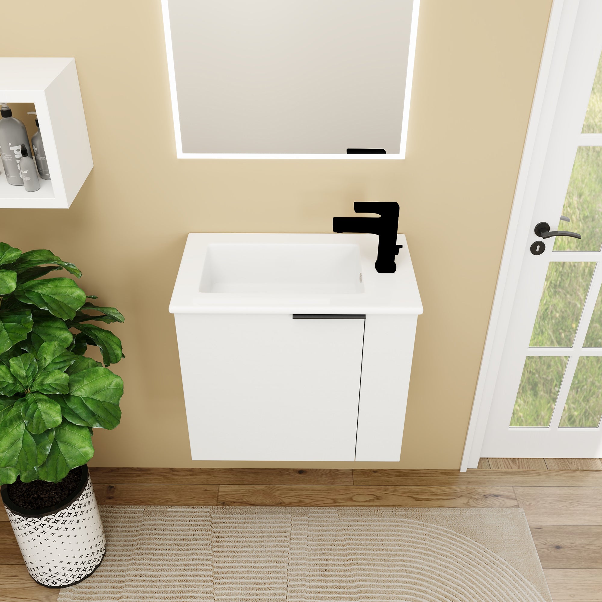 22 inch Plywood Wall Mounted Bathroom Vanity Set with Doors and Integrated Ceramic Sink
