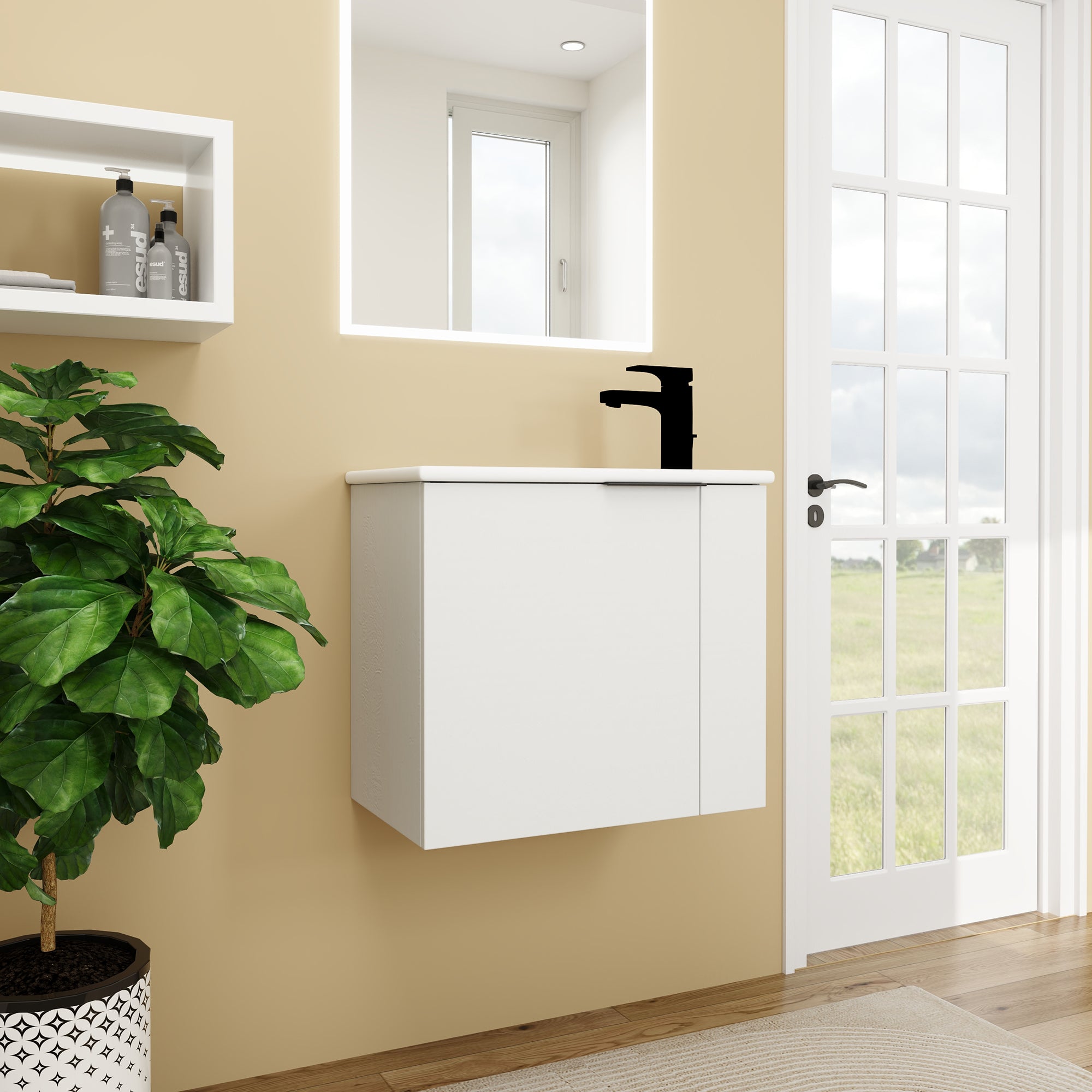 22 inch Plywood Wall Mounted Bathroom Vanity Set with Doors and Integrated Ceramic Sink