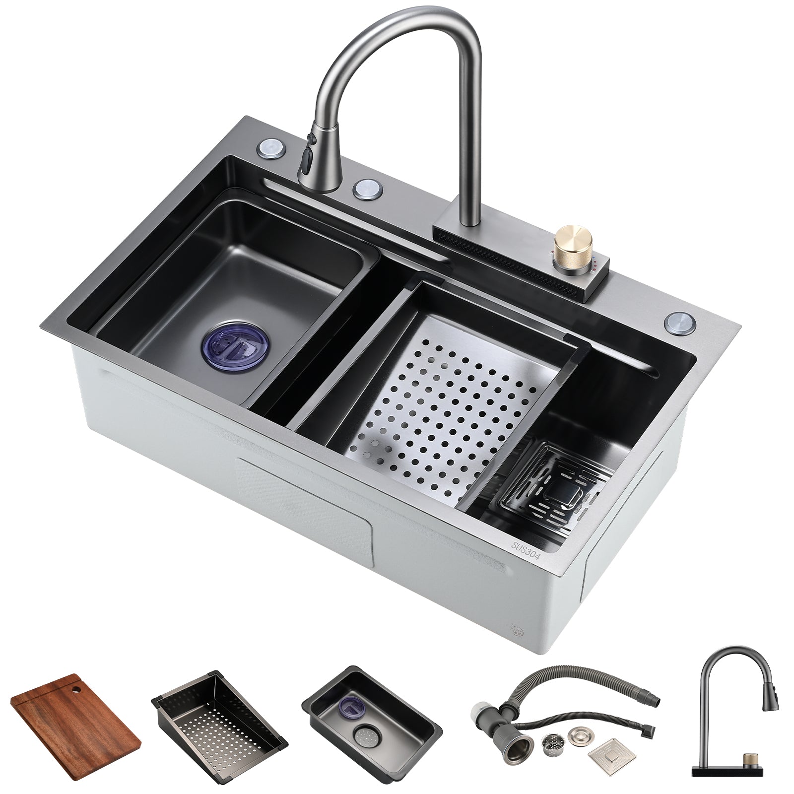 Stainless Steel Double Bowl Drop-in Kitchen Sink with Pull Down Faucet and Accessories(JMWAKS40-3018)