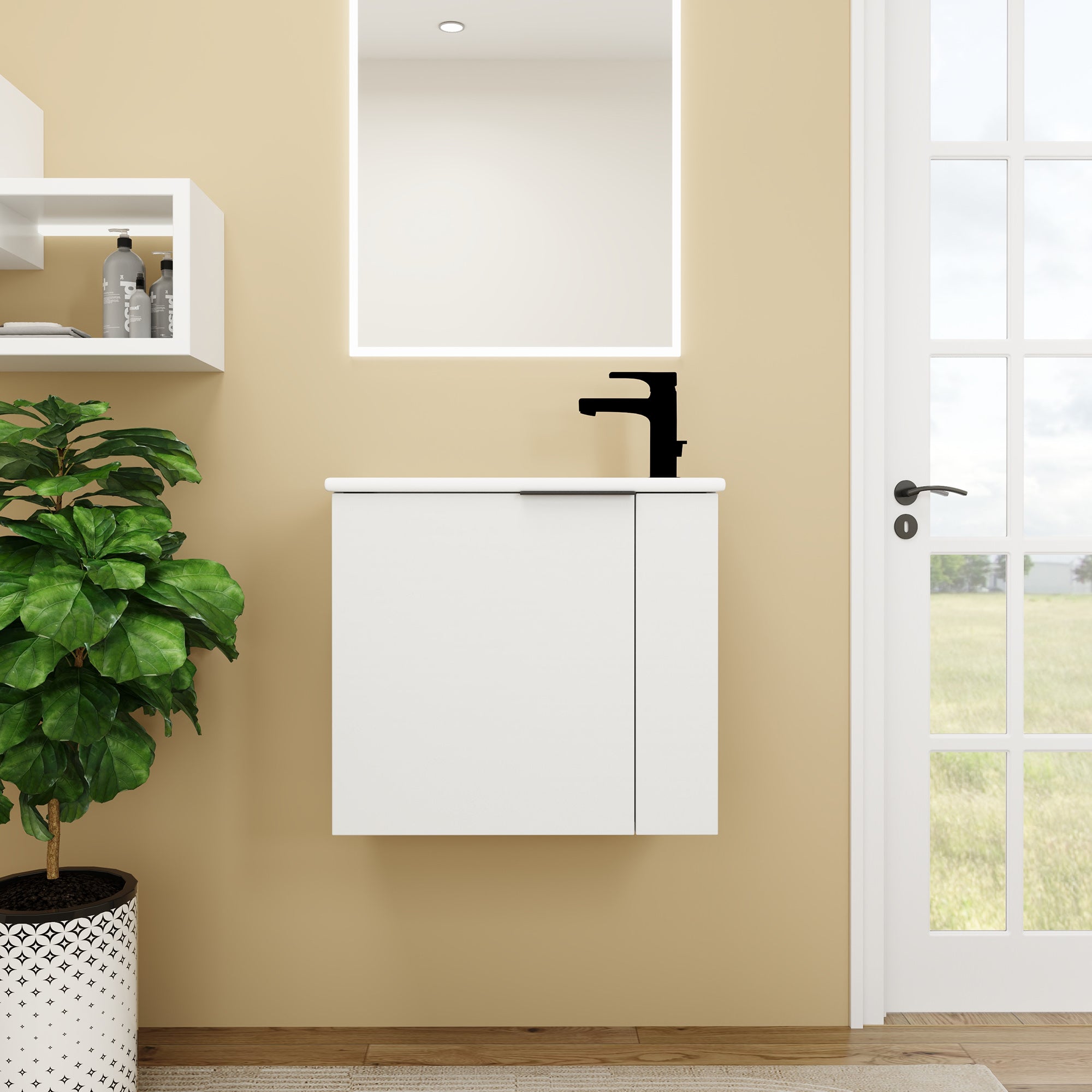 22 inch Plywood Wall Mounted Bathroom Vanity Set with Doors and Integrated Ceramic Sink