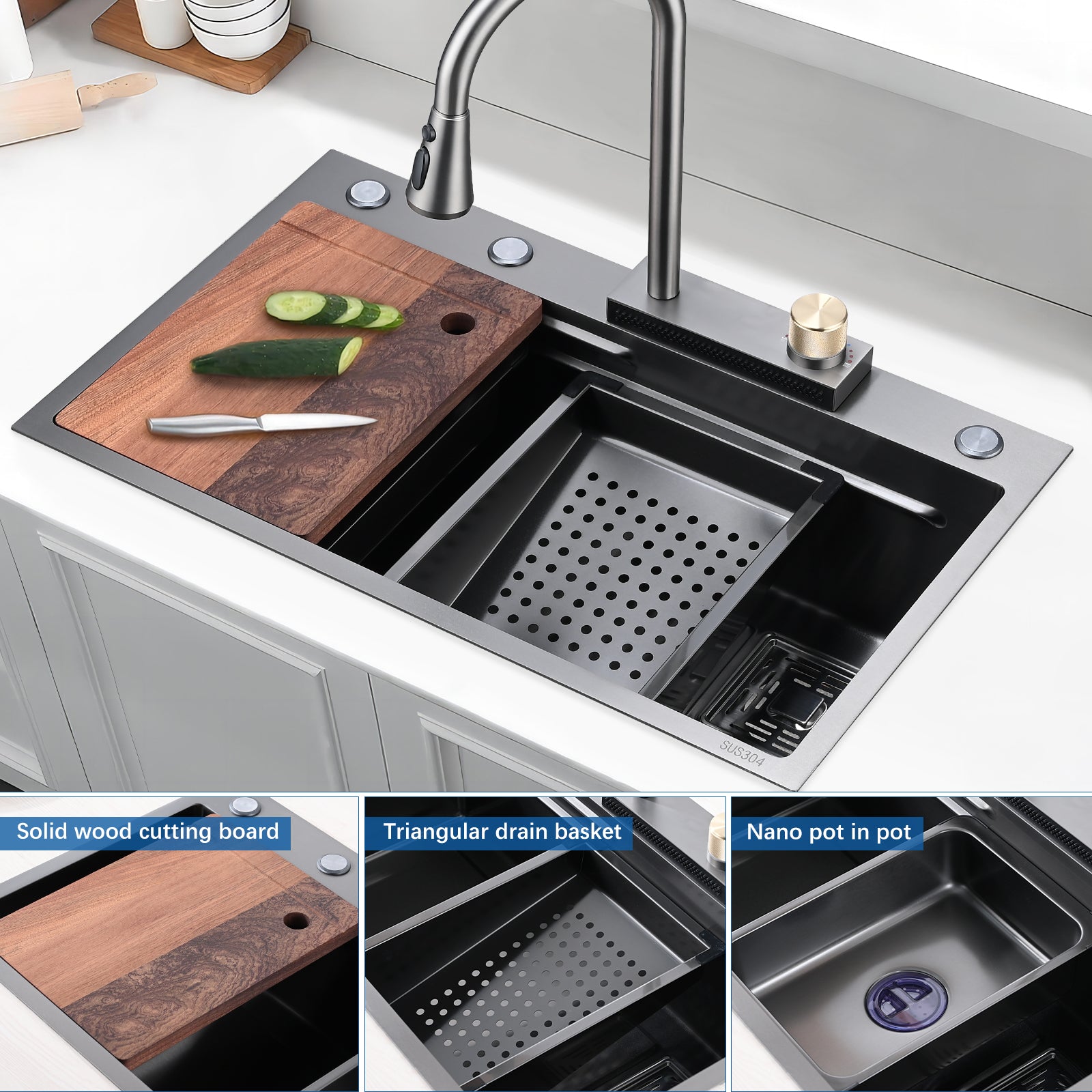 Stainless Steel Double Bowl Drop-in Kitchen Sink with Pull Down Faucet and Accessories(JMWAKS40-3018)
