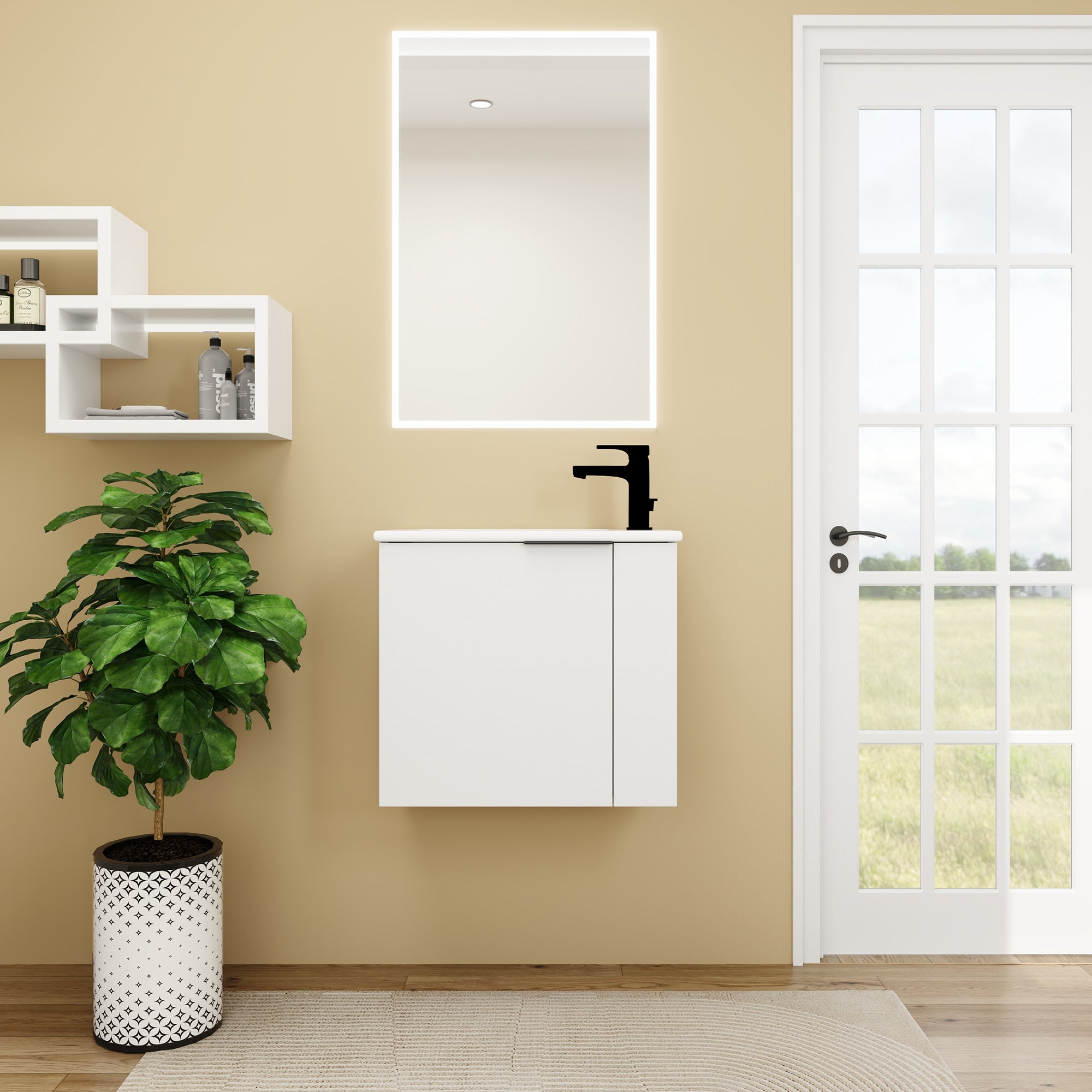 22 inch Plywood Wall Mounted Bathroom Vanity Set with Doors and Integrated Ceramic Sink