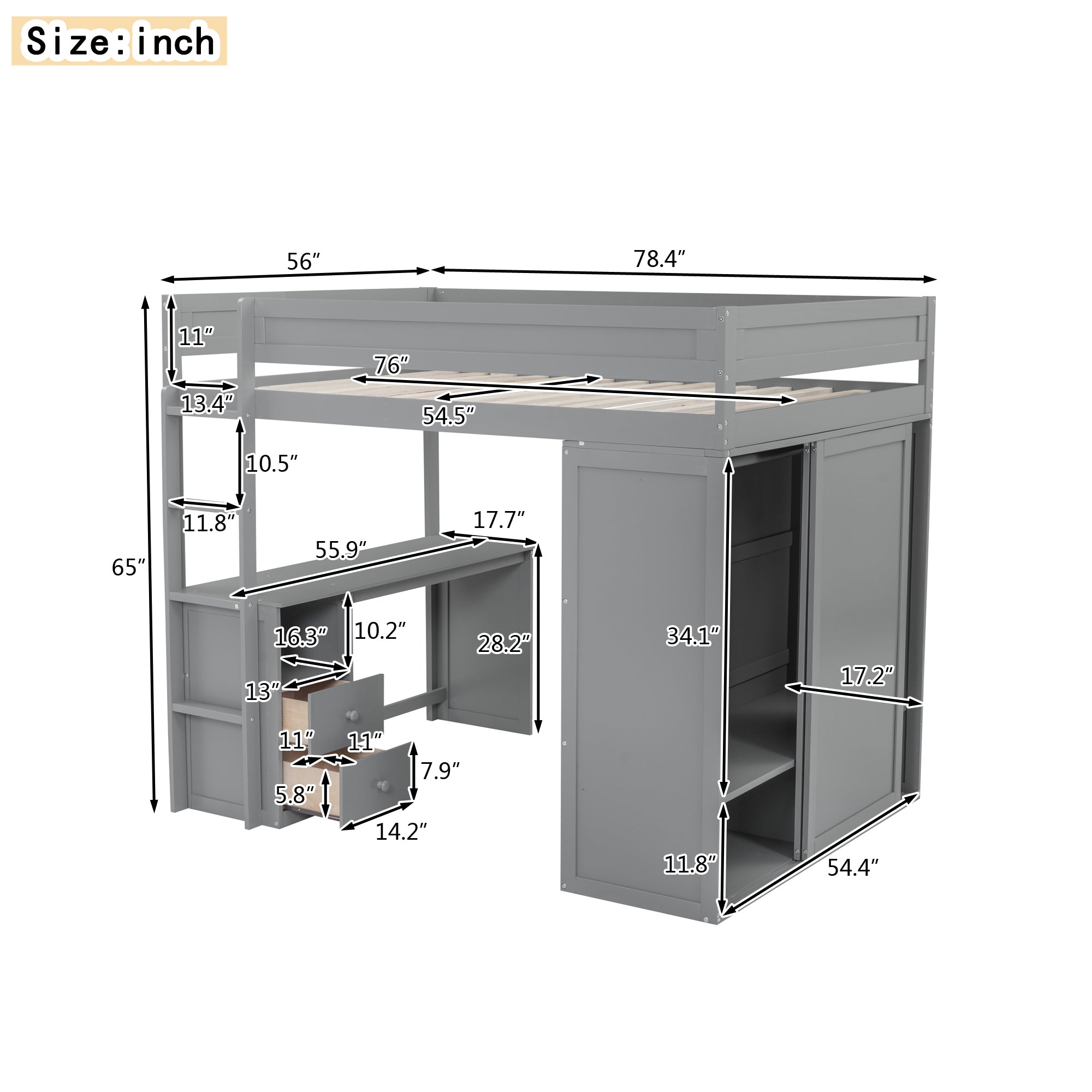 Wood Full Size Loft Bed with Wardrobes and 2-Drawer Desk with Cabinet