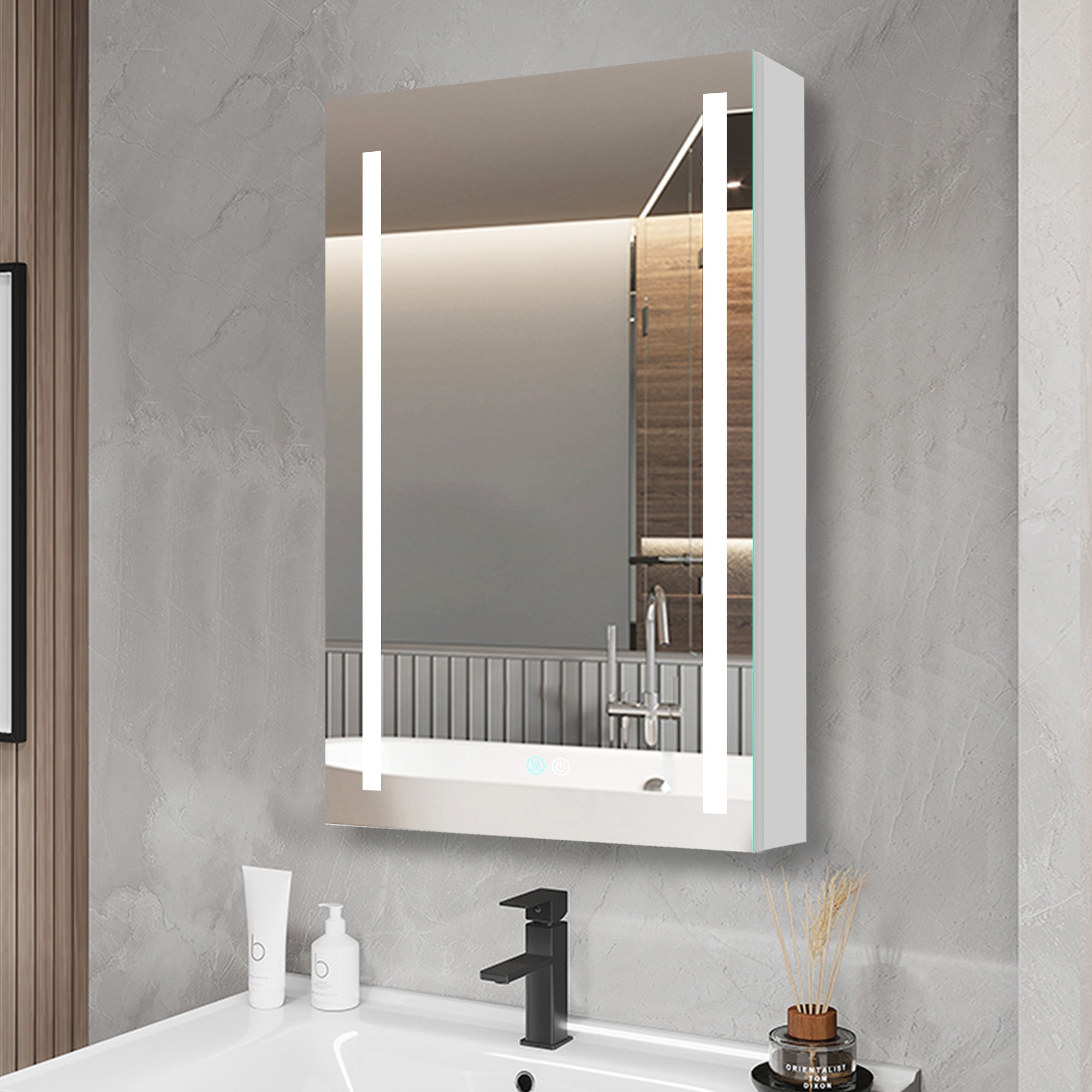 20 in. W x 30 in. H Aluminum Surface Mount Medicine Cabinet with Lighted Mirror and door swing and Adjustable Glass Shelves
