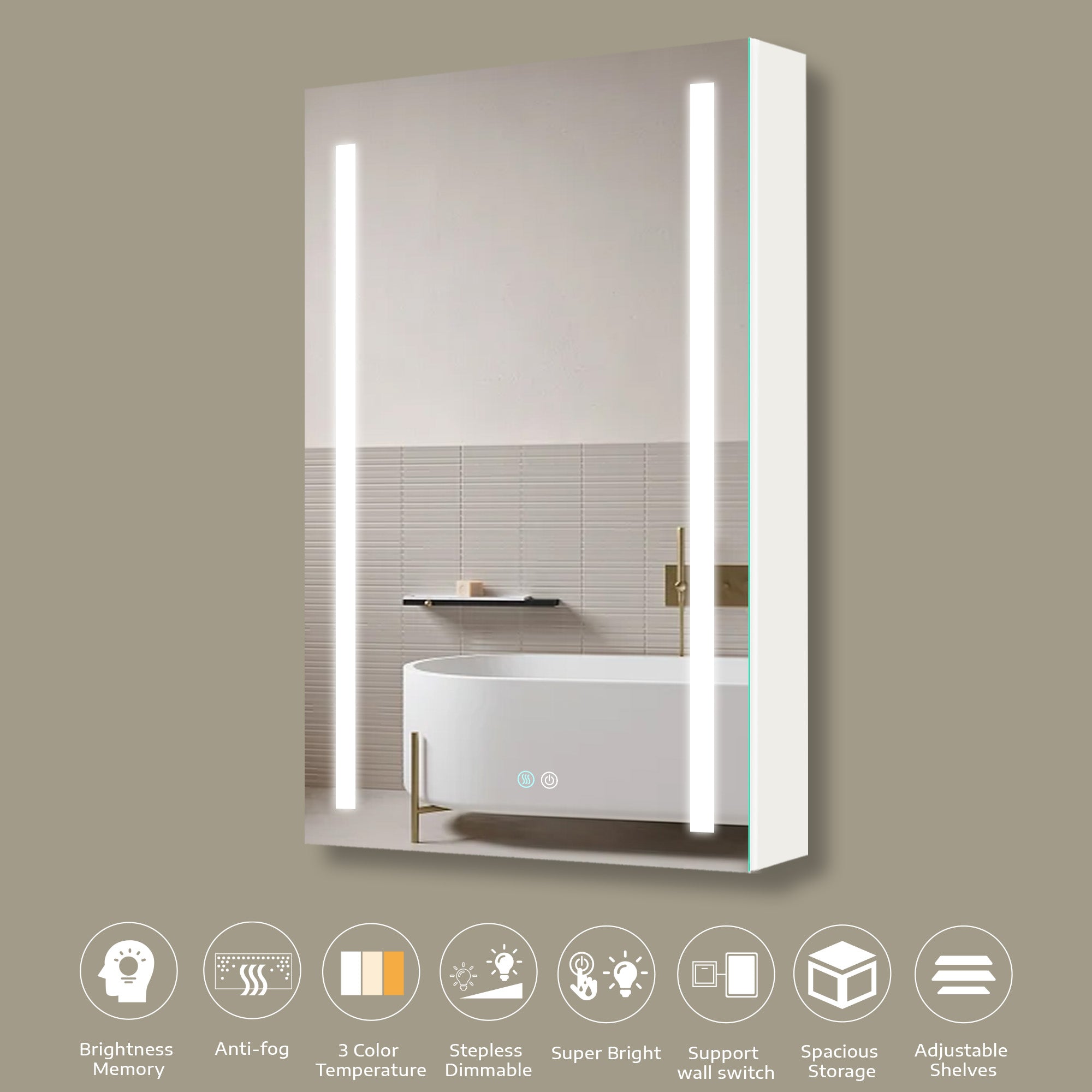 20 in. W x 30 in. H Aluminum Surface Mount Medicine Cabinet with Lighted Mirror and door swing and Adjustable Glass Shelves