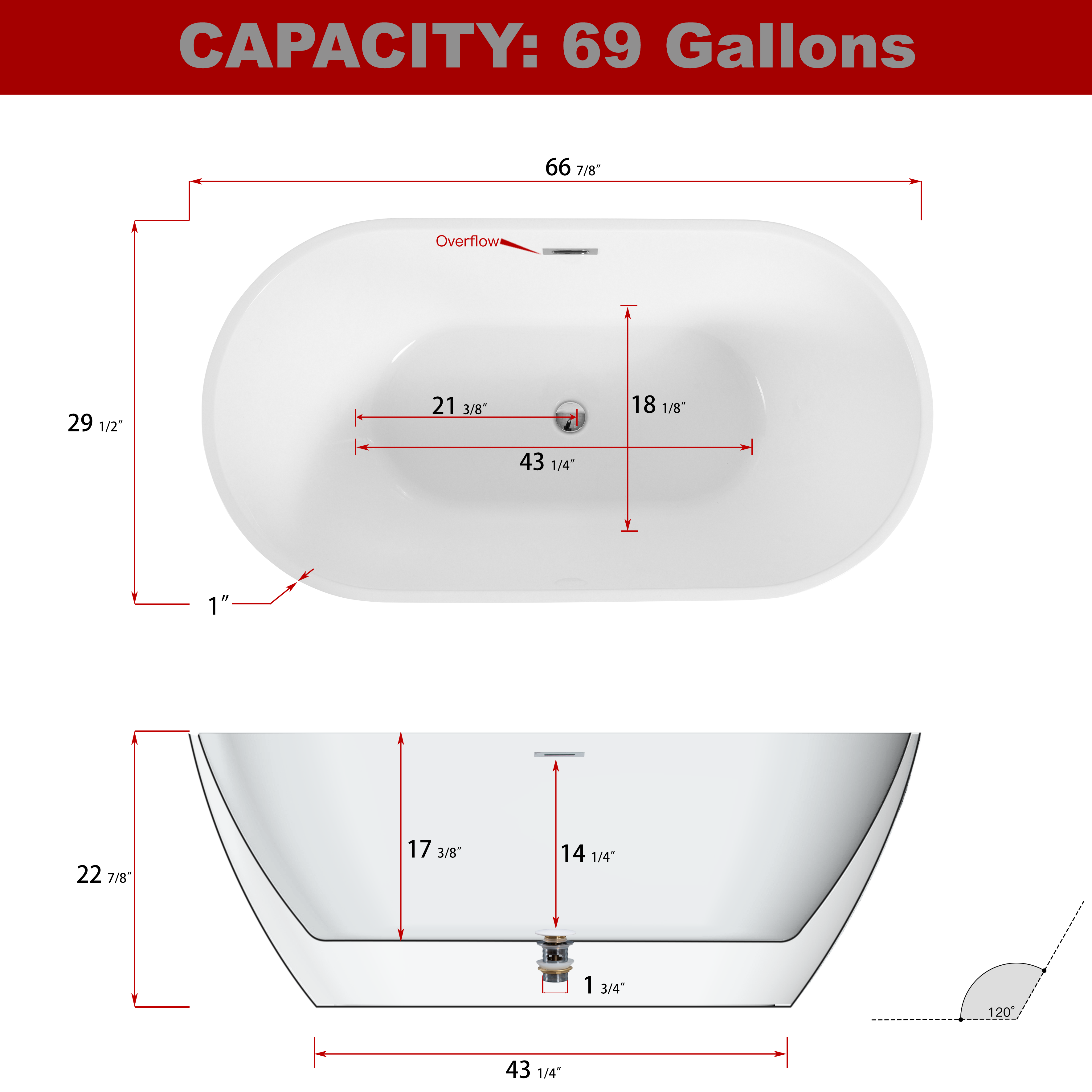 55"/59"/63"/67" Acrylic Freestanding Soaking Bathtub with Drain