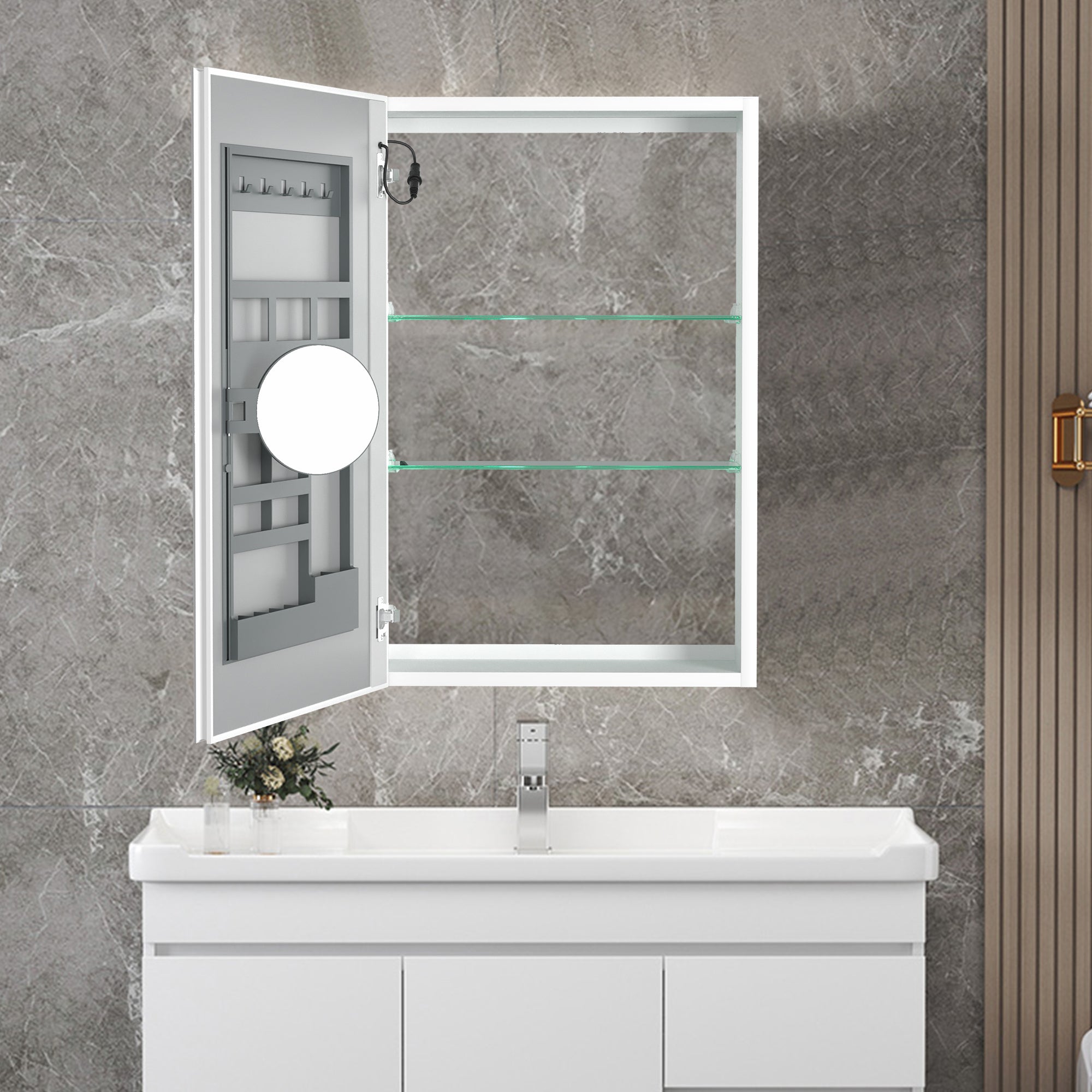 20 in. W x 30 in. H Aluminum Surface Mount Medicine Cabinet with Mirror and Left door swing and Adjustable Glass Shelves