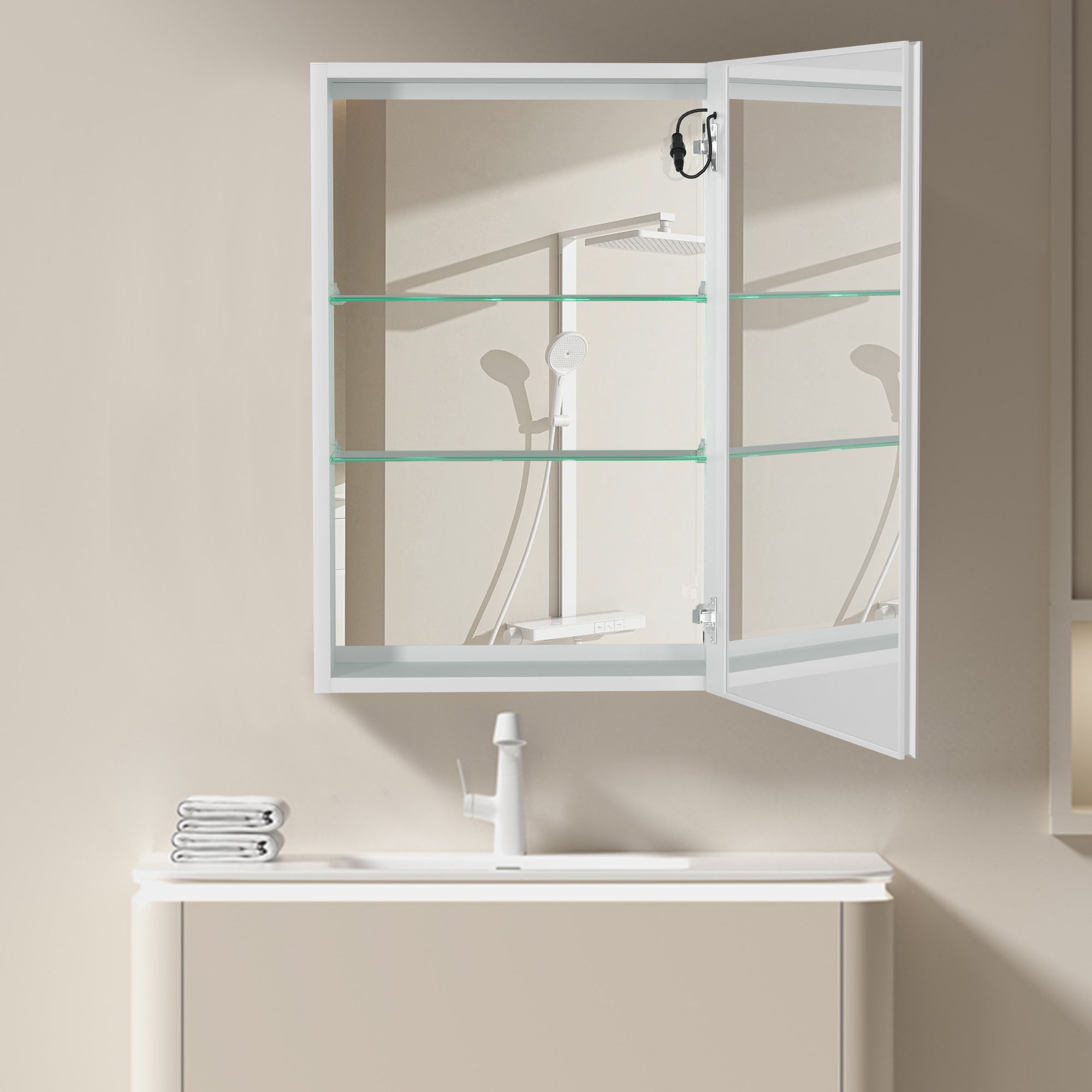 20 in. W x 30 in. H Aluminum Surface Mount Medicine Cabinet with Lighted Mirror and door swing and Adjustable Glass Shelves