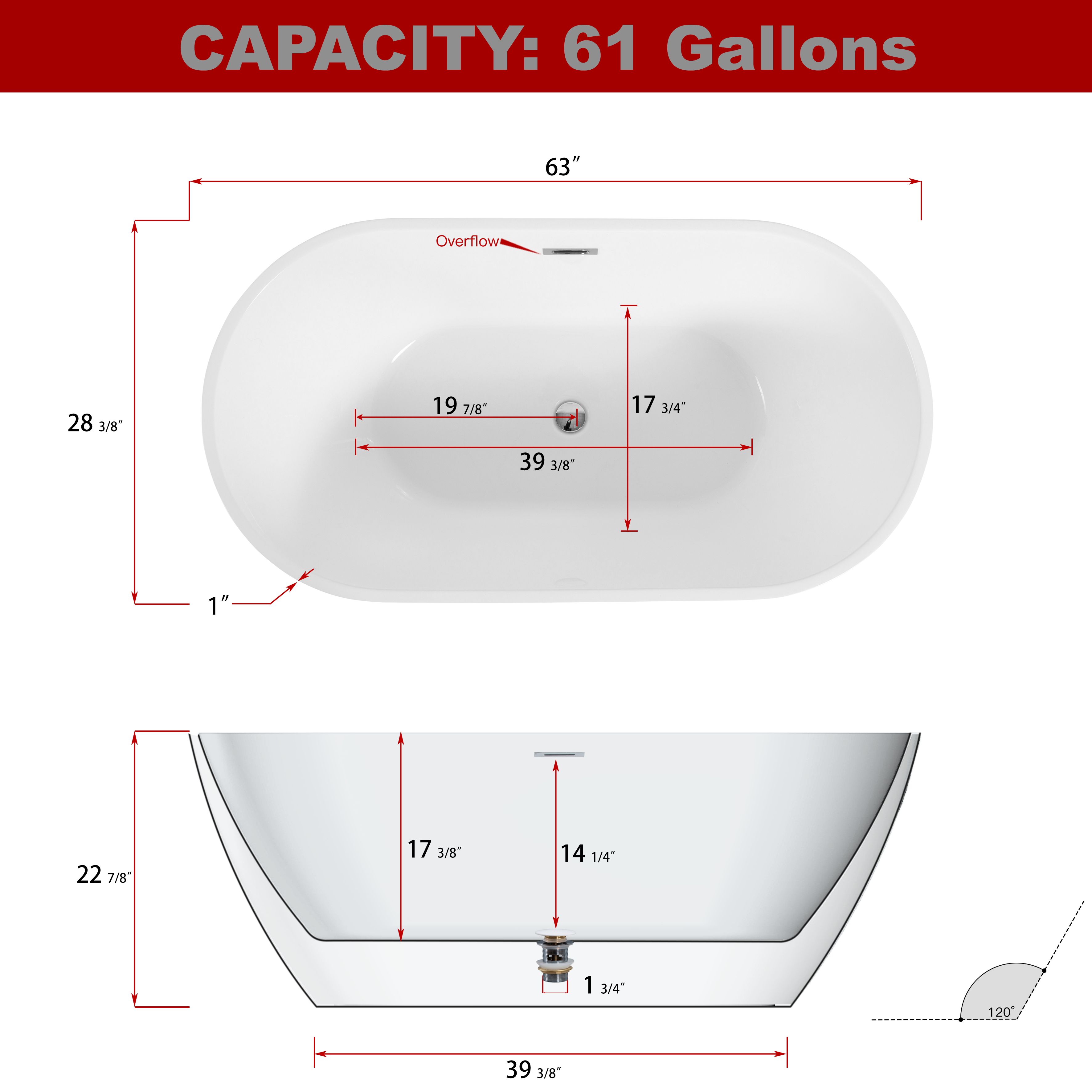 55"/59"/63"/67" Acrylic Freestanding Soaking Bathtub with Drain