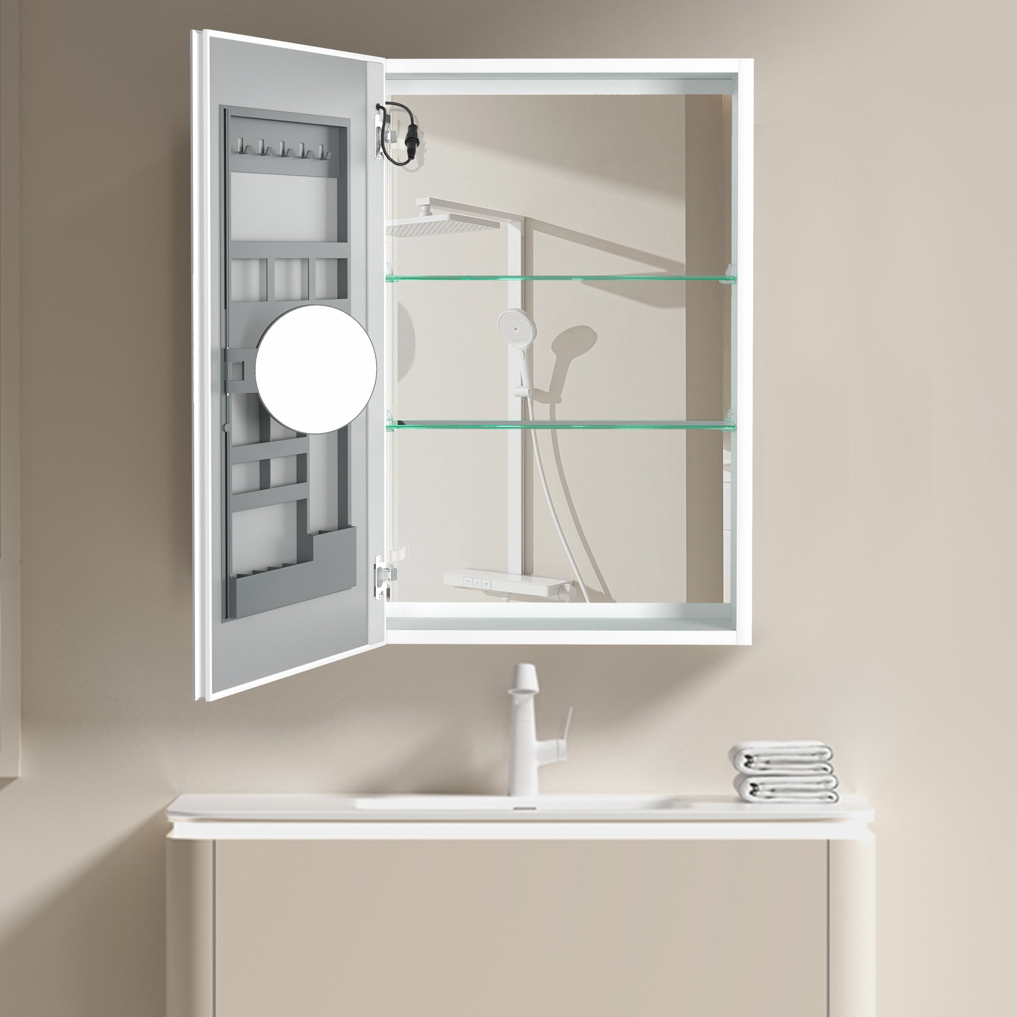 20 in. W x 30 in. H Aluminum Surface Mount Medicine Cabinet with Mirror and Left door swing and Adjustable Glass Shelves