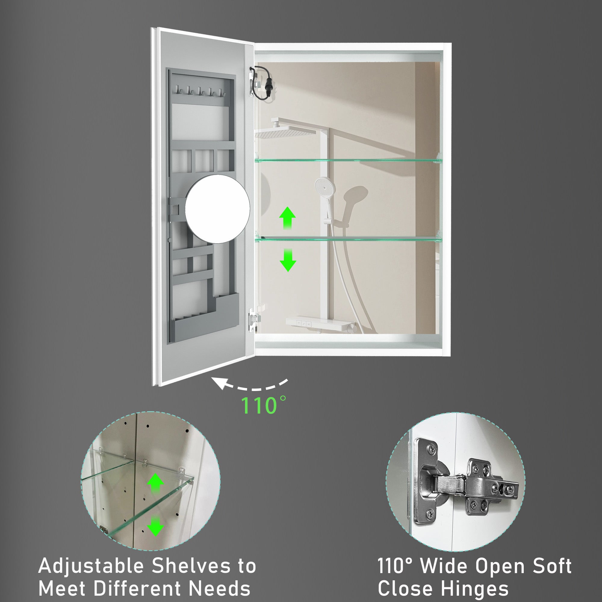 20 in. W x 30 in. H Aluminum Surface Mount Medicine Cabinet with Mirror and Left door swing and Adjustable Glass Shelves