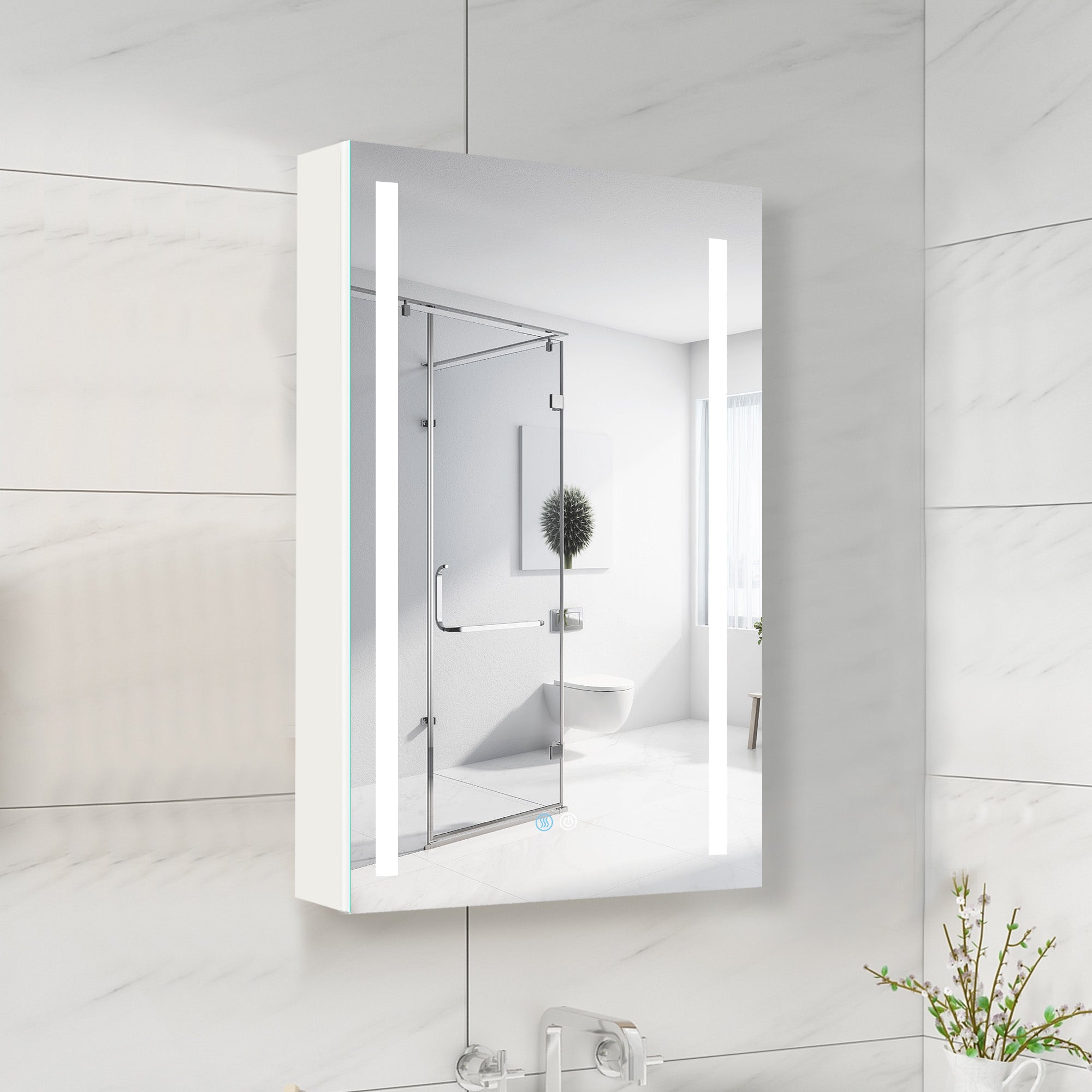 20 in. W x 30 in. H Aluminum Surface Mount Medicine Cabinet with Lighted Mirror and door swing and Adjustable Glass Shelves