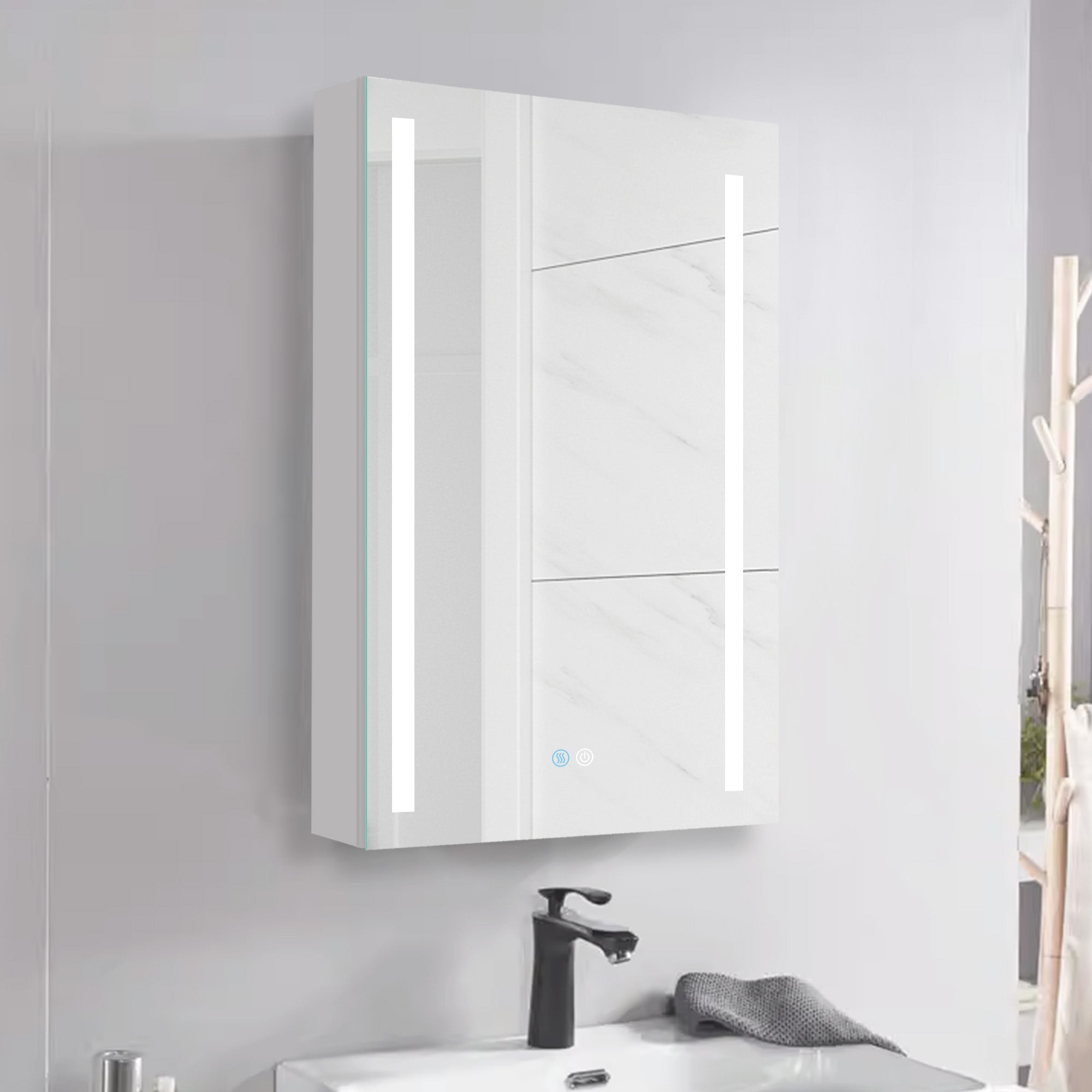 20 in. W x 30 in. H Aluminum Surface Mount Medicine Cabinet with Lighted Mirror and door swing and Adjustable Glass Shelves