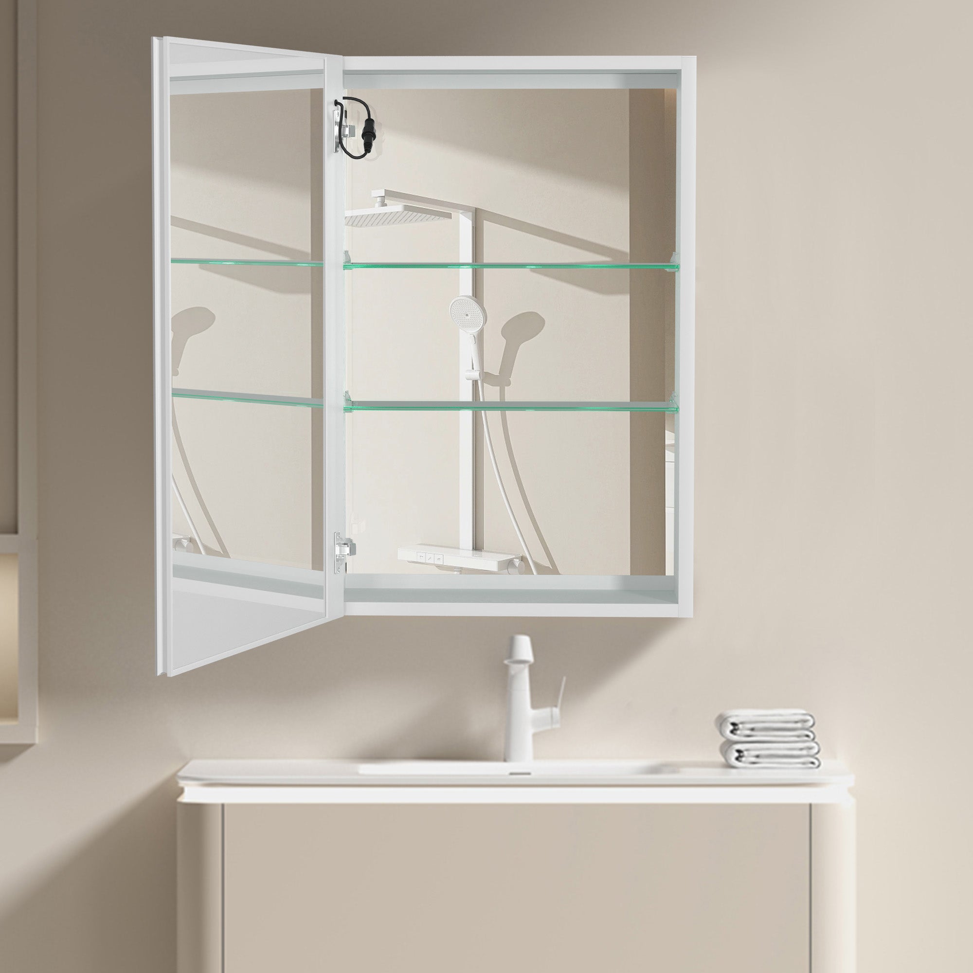 20 in. W x 30 in. H Aluminum Surface Mount Medicine Cabinet with Lighted Mirror and door swing and Adjustable Glass Shelves