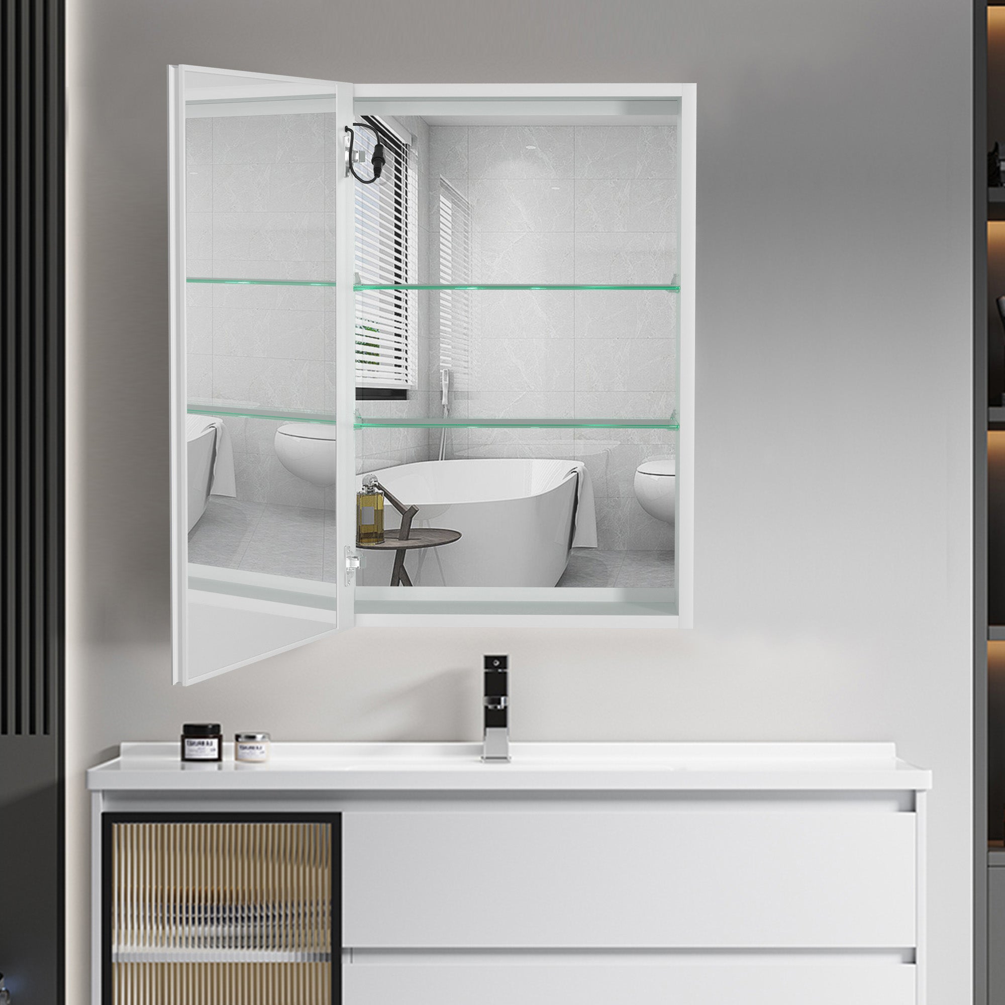 20 in. W x 30 in. H Aluminum Surface Mount Medicine Cabinet with Lighted Mirror and door swing and Adjustable Glass Shelves