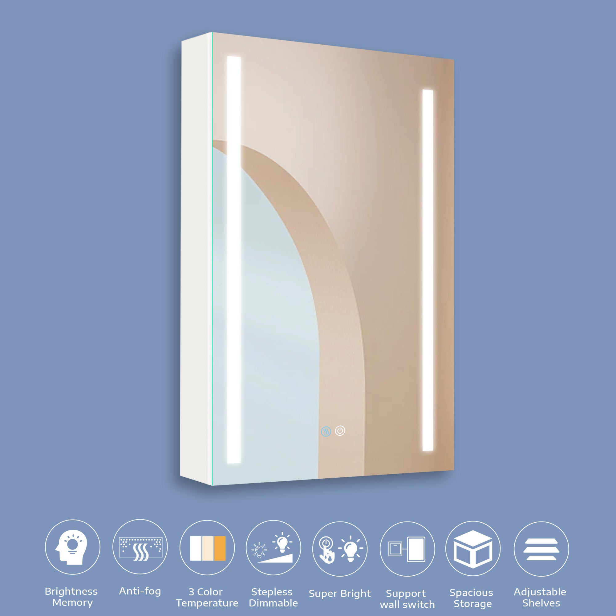 20 in. W x 30 in. H Aluminum Surface Mount Medicine Cabinet with Lighted Mirror and door swing and Adjustable Glass Shelves