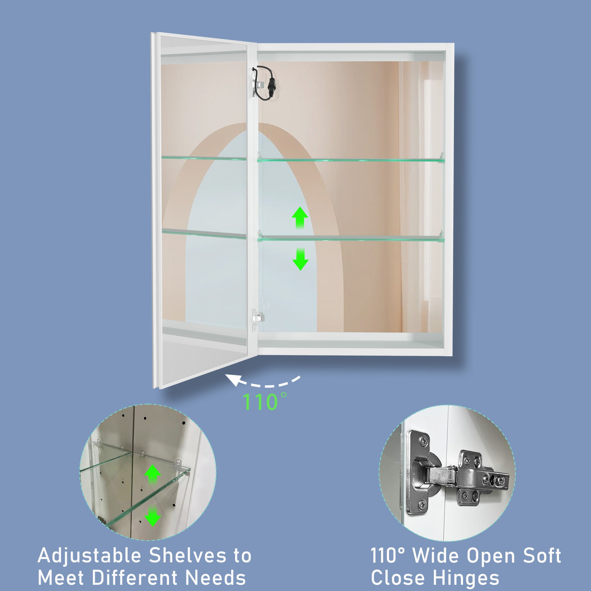 20 in. W x 30 in. H Aluminum Surface Mount Medicine Cabinet with Lighted Mirror and door swing and Adjustable Glass Shelves