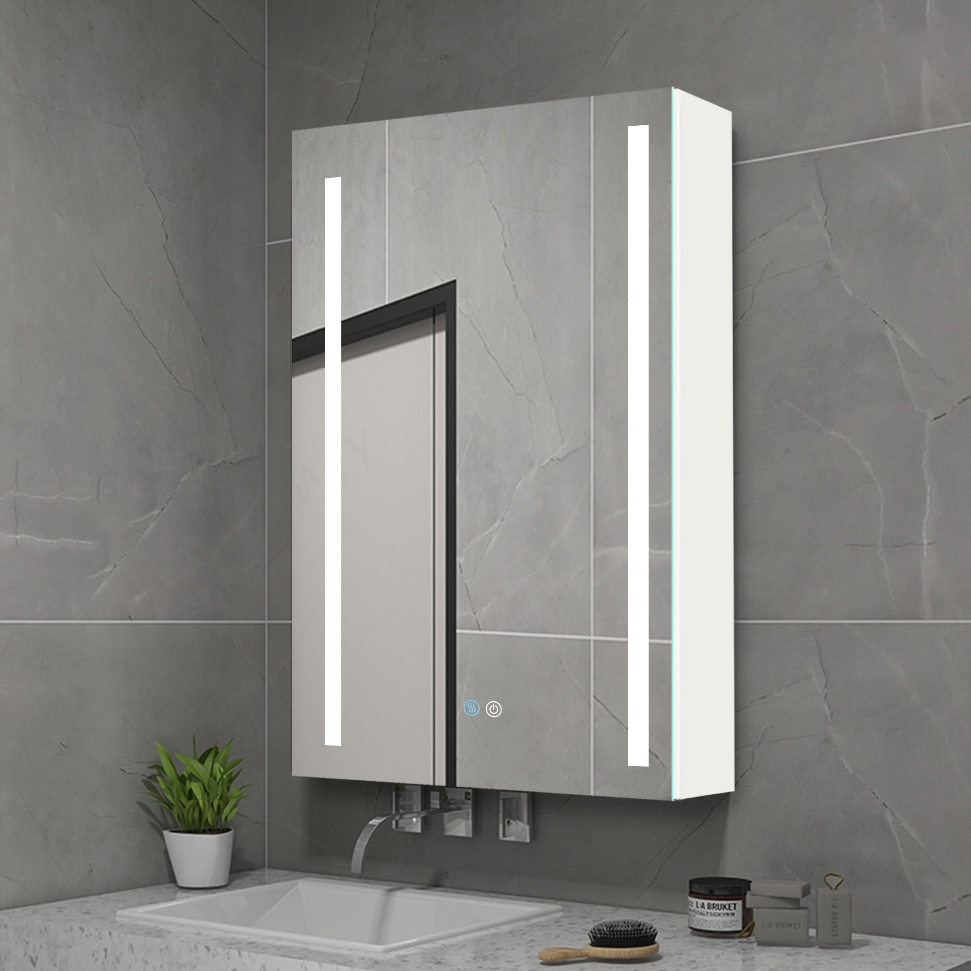 20 in. W x 30 in. H Aluminum Surface Mount Medicine Cabinet with Lighted Mirror and door swing and Adjustable Glass Shelves