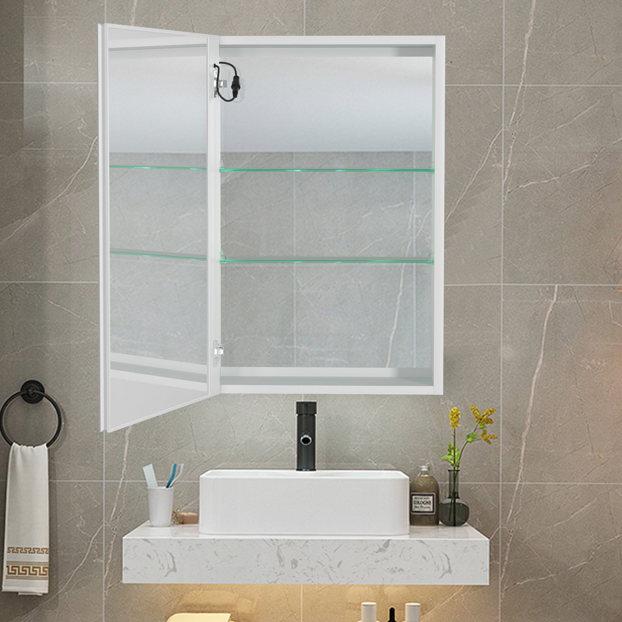 20 in. W x 30 in. H Aluminum Surface Mount Medicine Cabinet with Lighted Mirror and door swing and Adjustable Glass Shelves