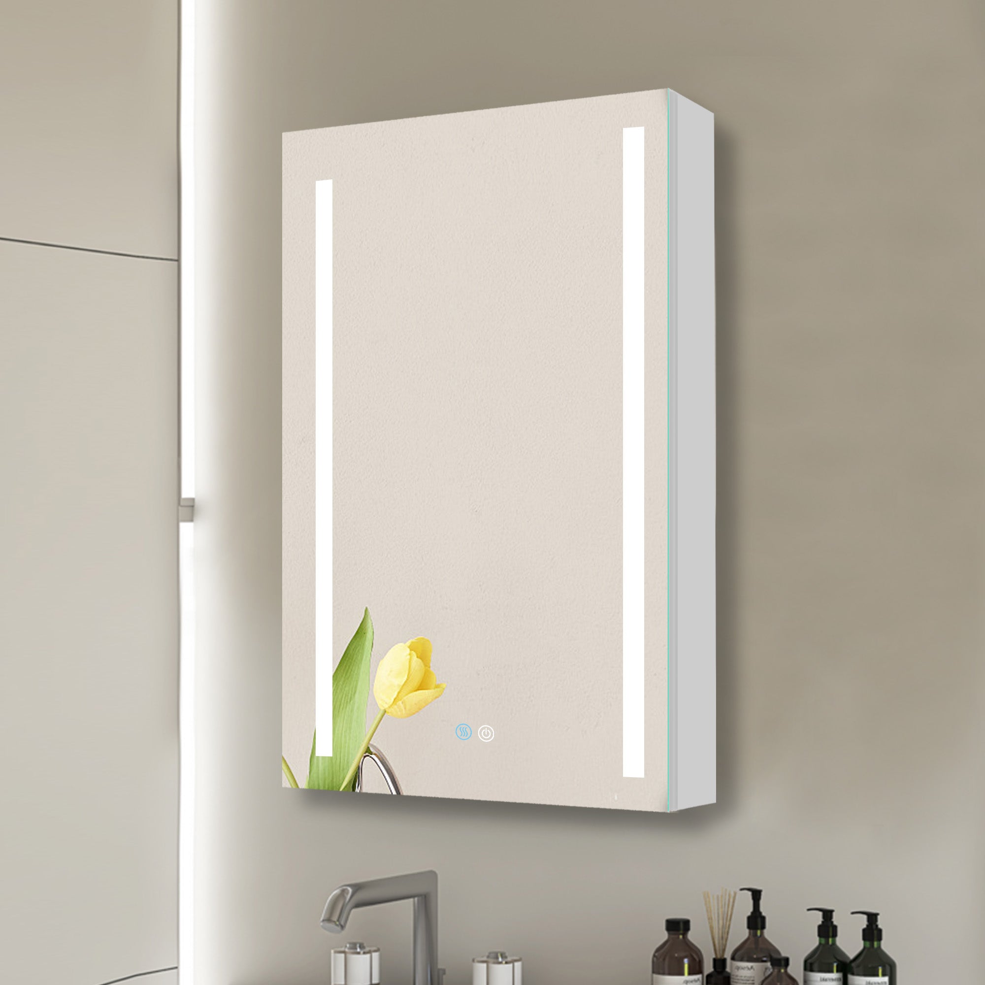 20 in. W x 30 in. H Aluminum Surface Mount Medicine Cabinet with Lighted Mirror and door swing and Adjustable Glass Shelves