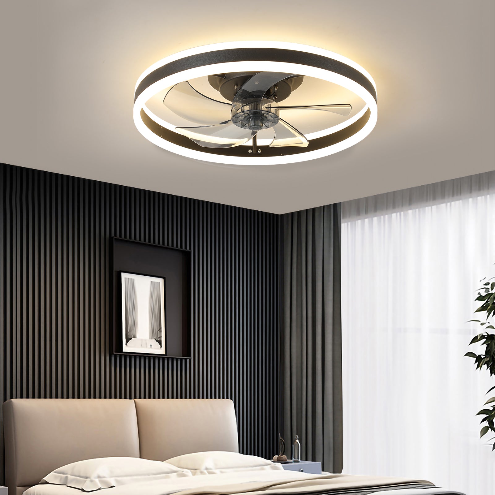 20 in W x 6 in H Aluminium Ceiling Fan in Black with Lights Dimmable LED