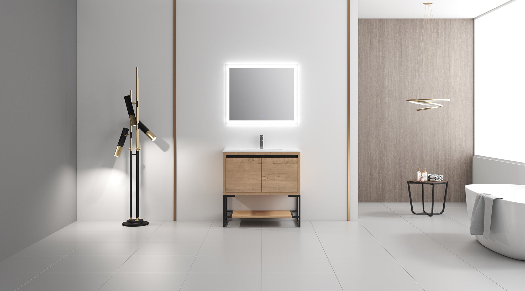 36 inch Plywood Freestanding Bathroom Vanity Set with Doors and Open shelf and Integrated Ceramic Sink