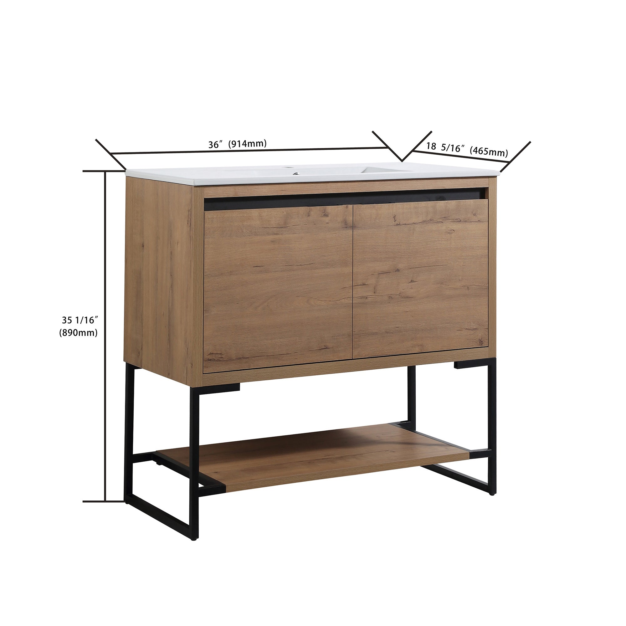 36 inch Plywood Freestanding Bathroom Vanity Set with Doors and Open shelf and Integrated Ceramic Sink