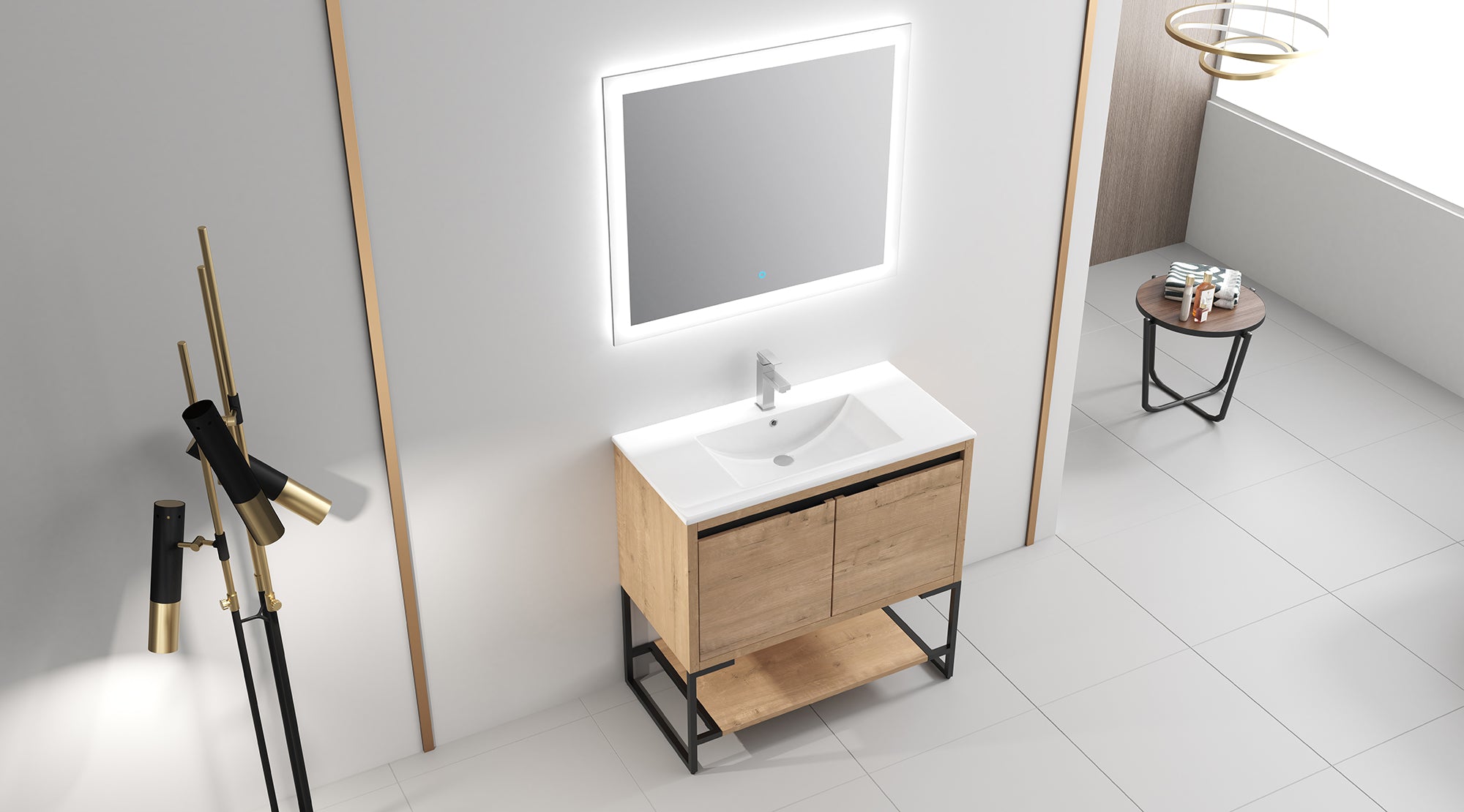 36 inch Plywood Freestanding Bathroom Vanity Set with Doors and Open shelf and Integrated Ceramic Sink