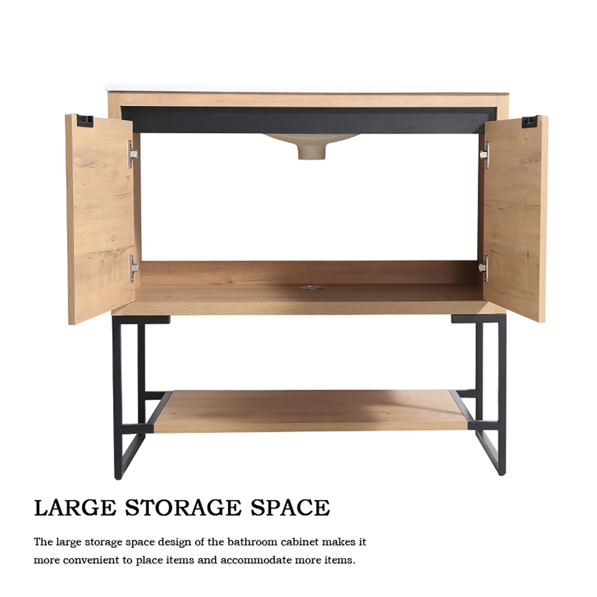 36 inch Plywood Freestanding Bathroom Vanity Set with Doors and Open shelf and Integrated Ceramic Sink