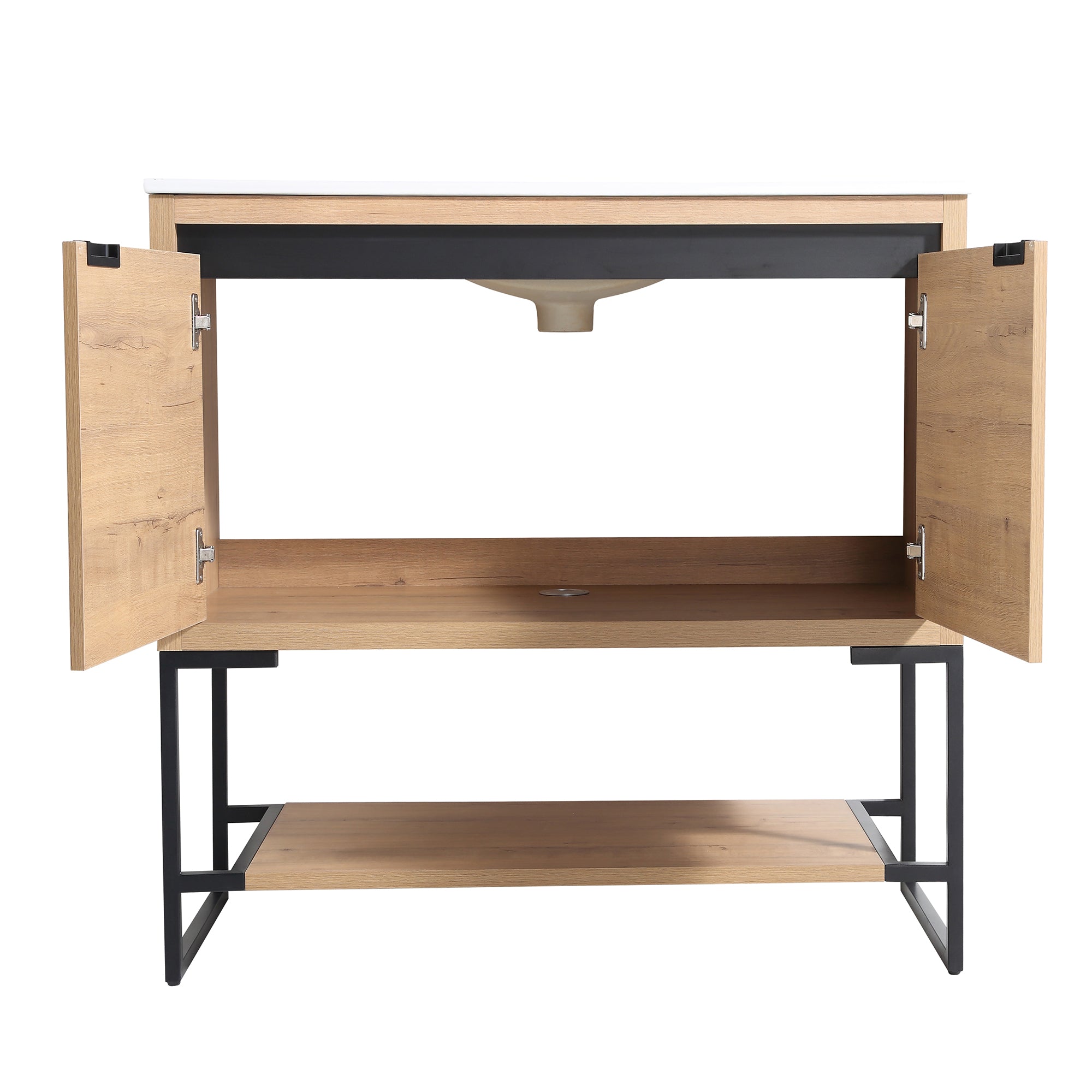 36 inch Plywood Freestanding Bathroom Vanity Set with Doors and Open shelf and Integrated Ceramic Sink