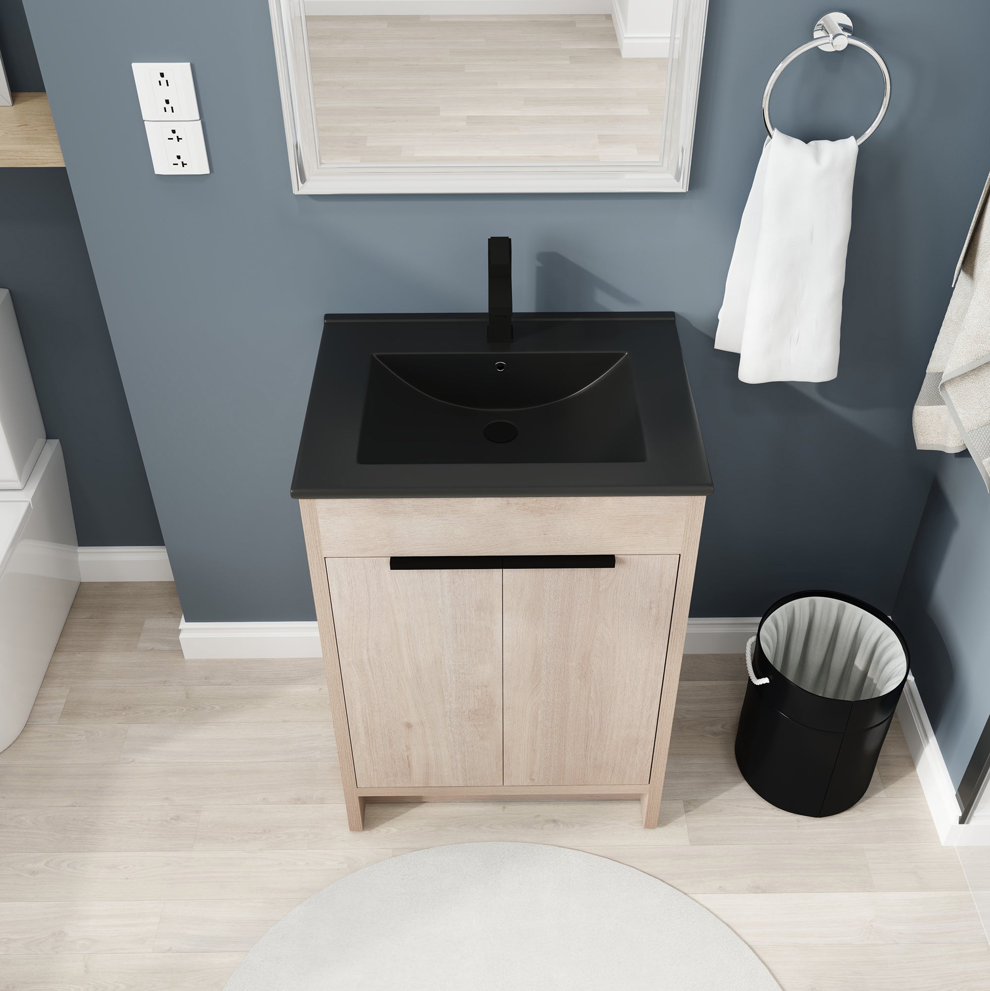 24 Inch Plywood Freestanding Bathroom Vanity With Doors and Adjustable Shelf and Black Integrated Ceramic Sink