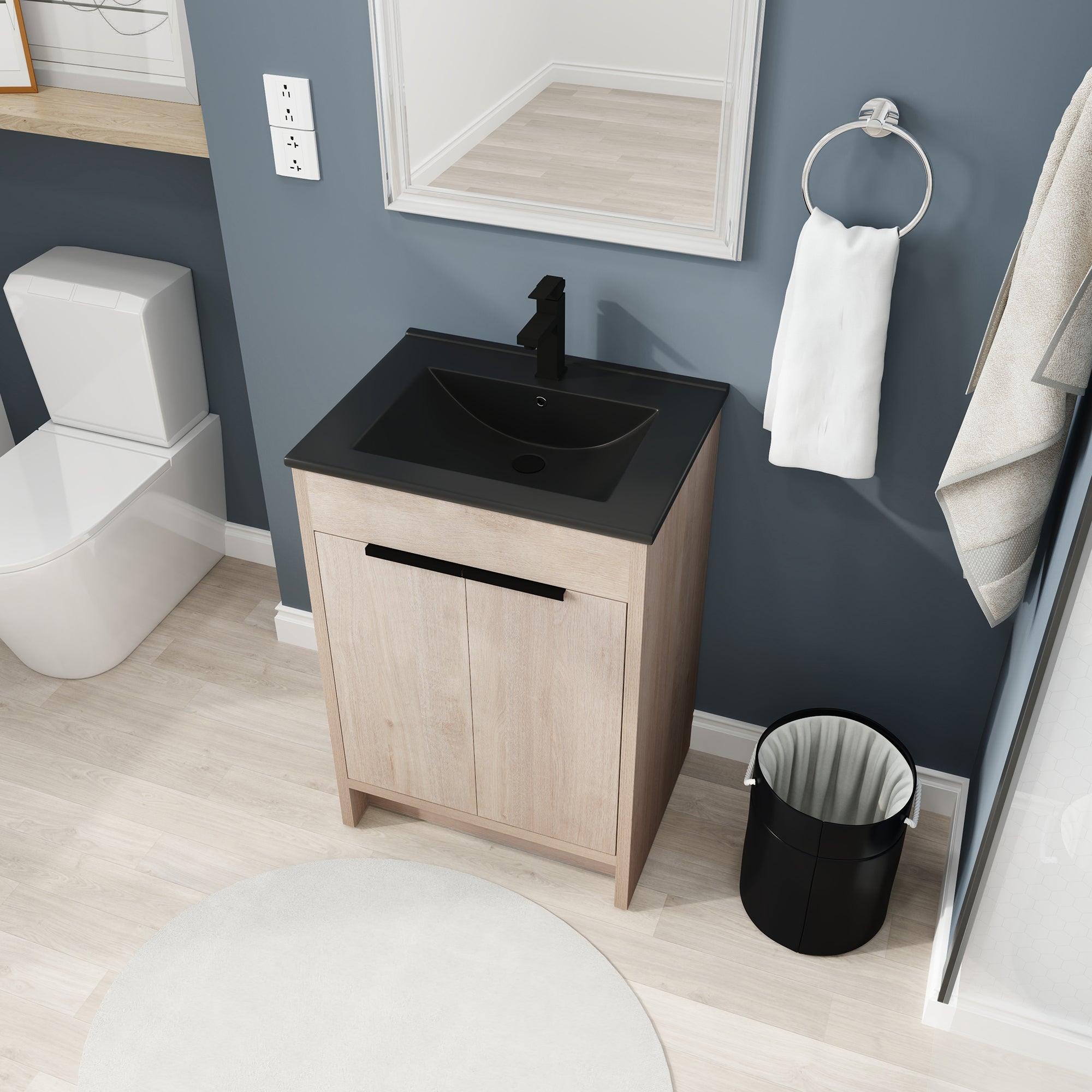 24 Inch Plywood Freestanding Bathroom Vanity With Doors and Adjustable Shelf and Black Integrated Ceramic Sink