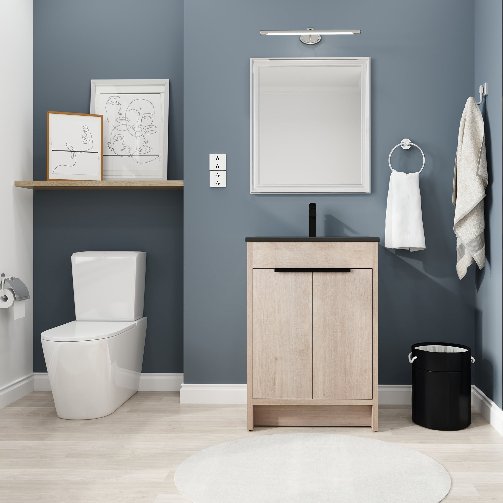 24 Inch Plywood Freestanding Bathroom Vanity With Doors and Adjustable Shelf and Black Integrated Ceramic Sink