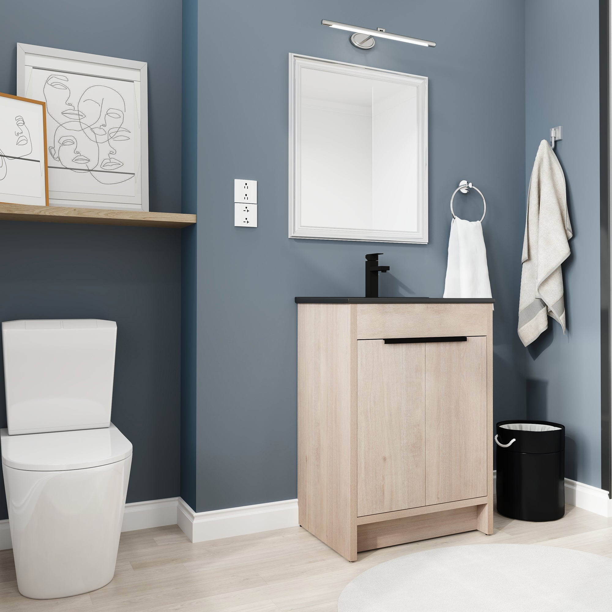 24 Inch Plywood Freestanding Bathroom Vanity With Doors and Adjustable Shelf and Black Integrated Ceramic Sink