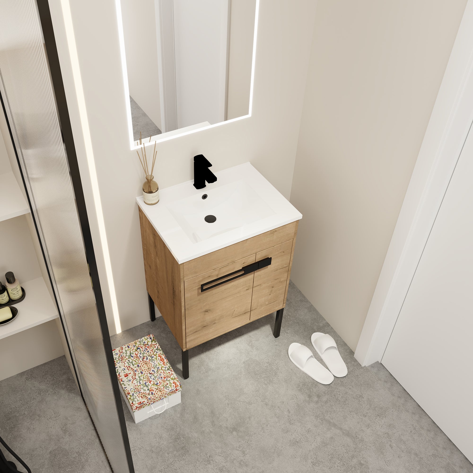 24 inch Plywood Freestanding/Wall Mounted Bathroom Vanity Set with Doors and Shelf and Integrated Ceramic Sink