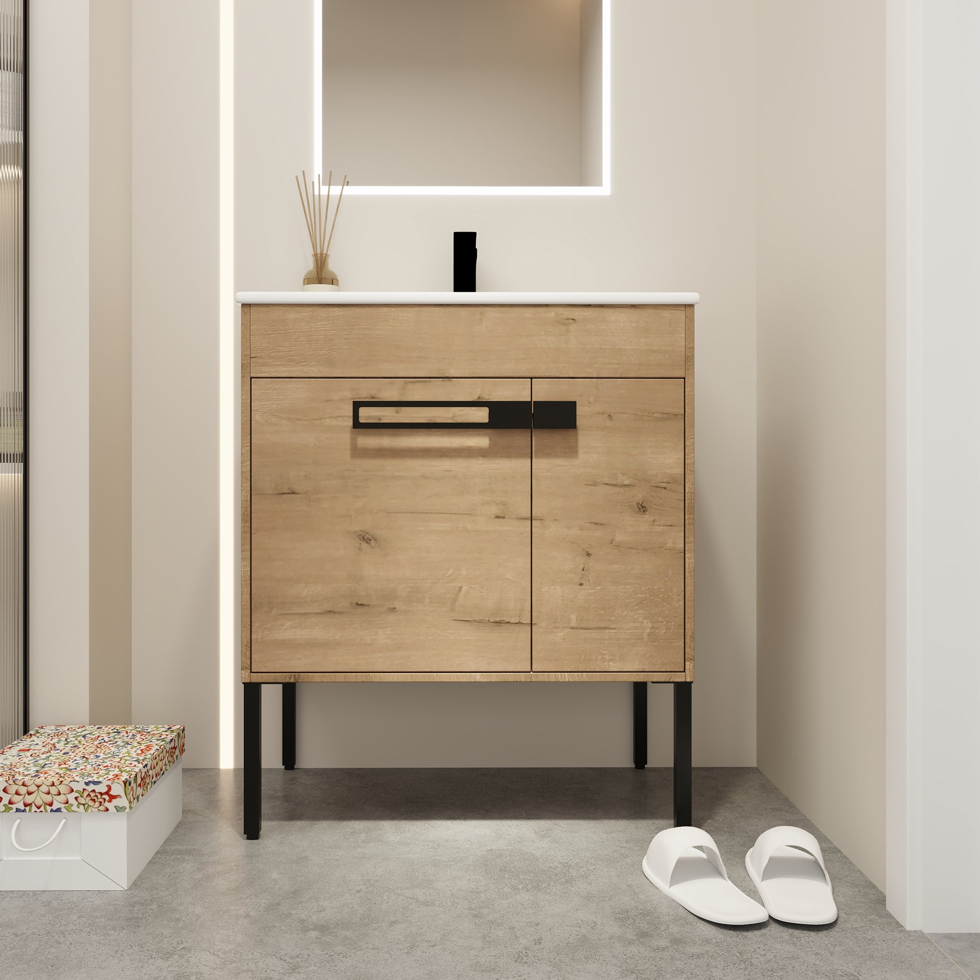 30 inch Plywood Freestanding/Wall Mounted Bathroom Vanity Set with Doors and Shelf and Integrated Ceramic Sink