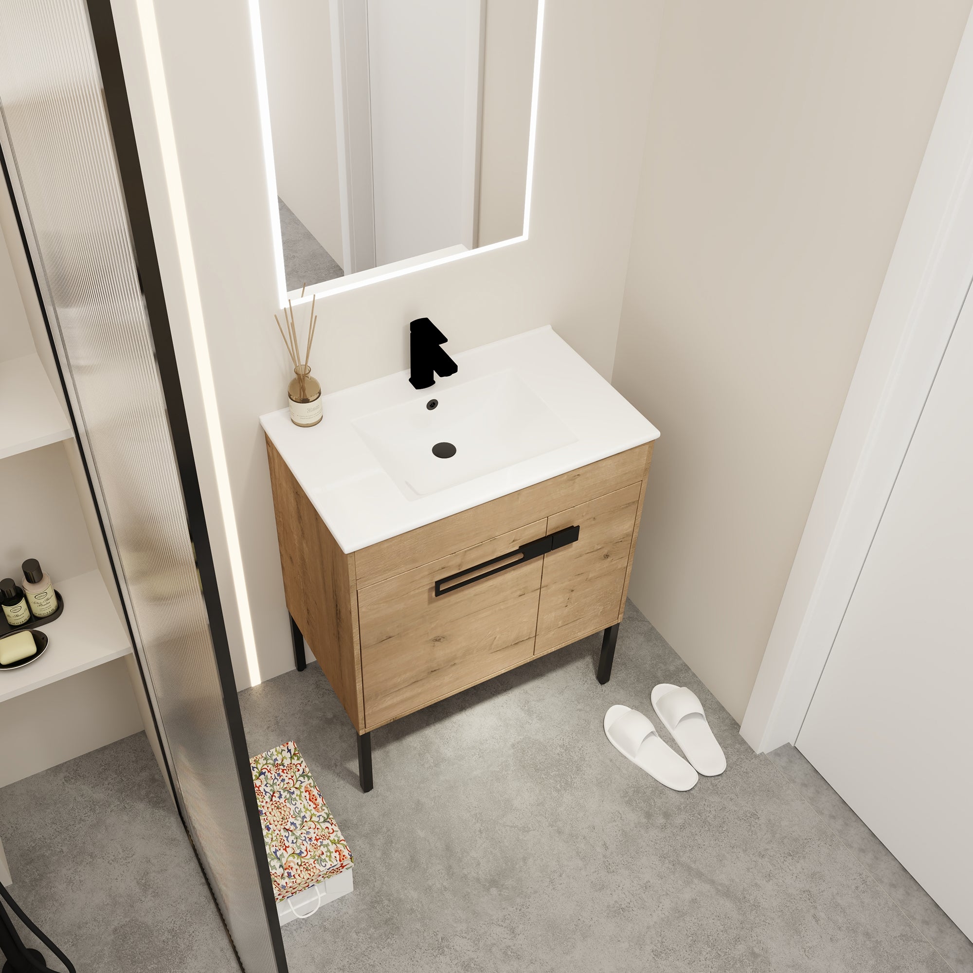 30 inch Plywood Freestanding/Wall Mounted Bathroom Vanity Set with Doors and Shelf and Integrated Ceramic Sink