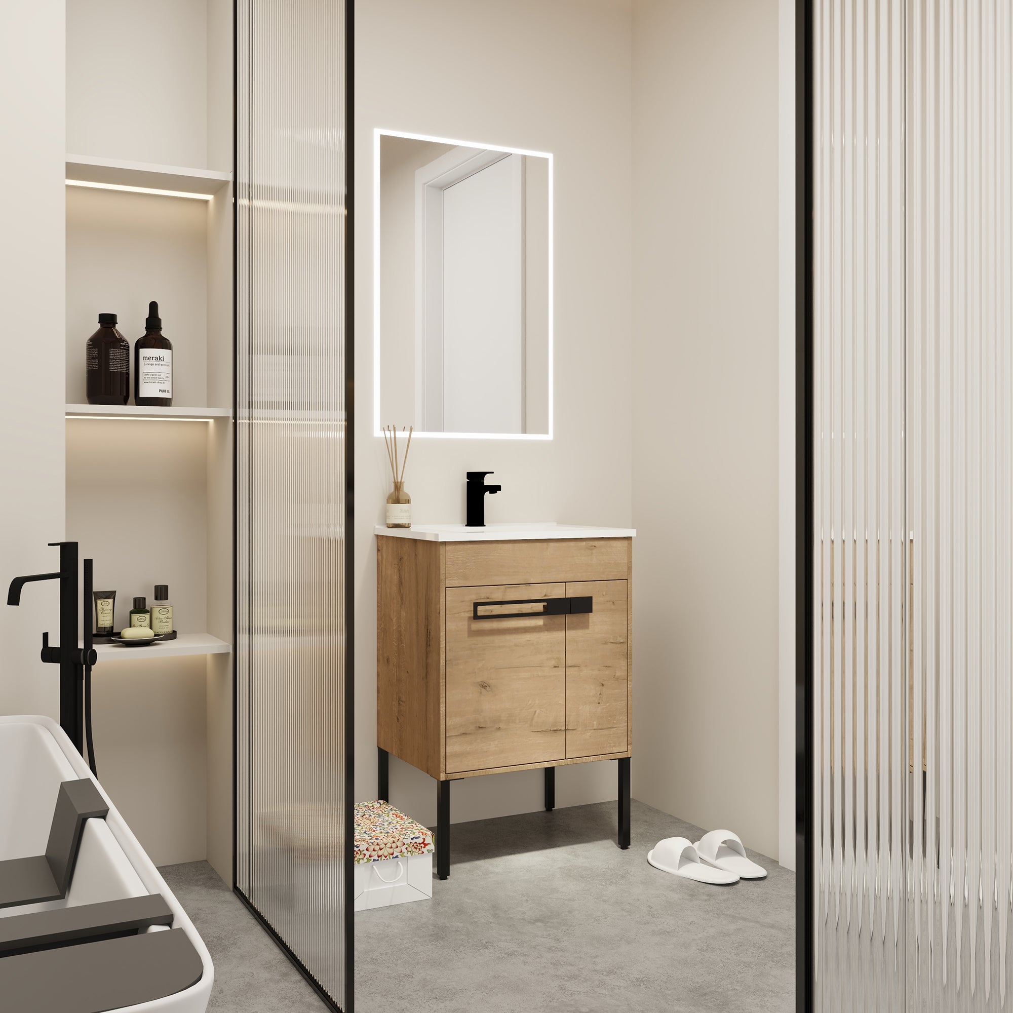 24 inch Plywood Freestanding/Wall Mounted Bathroom Vanity Set with Doors and Shelf and Integrated Ceramic Sink