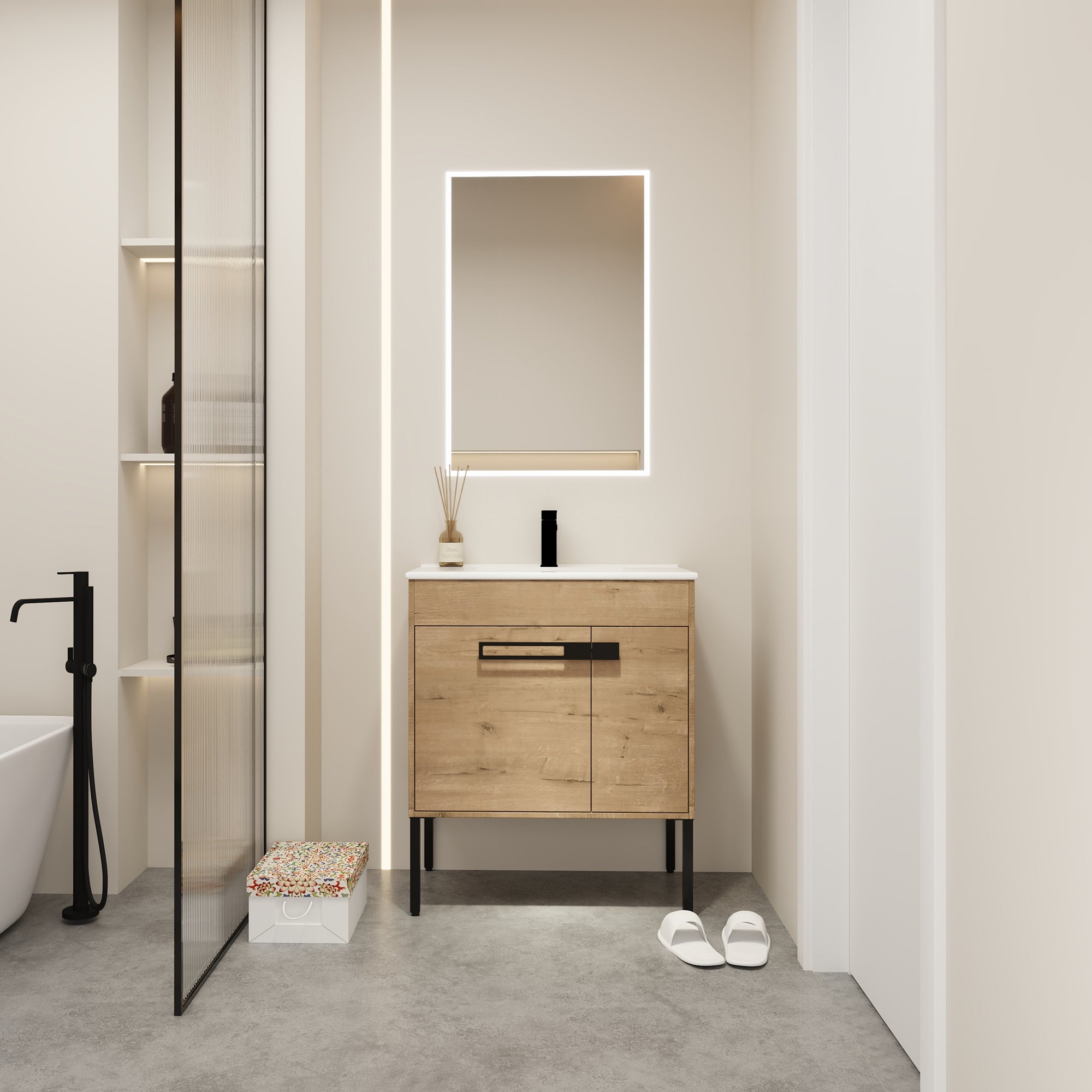 30 inch Plywood Freestanding/Wall Mounted Bathroom Vanity Set with Doors and Shelf and Integrated Ceramic Sink