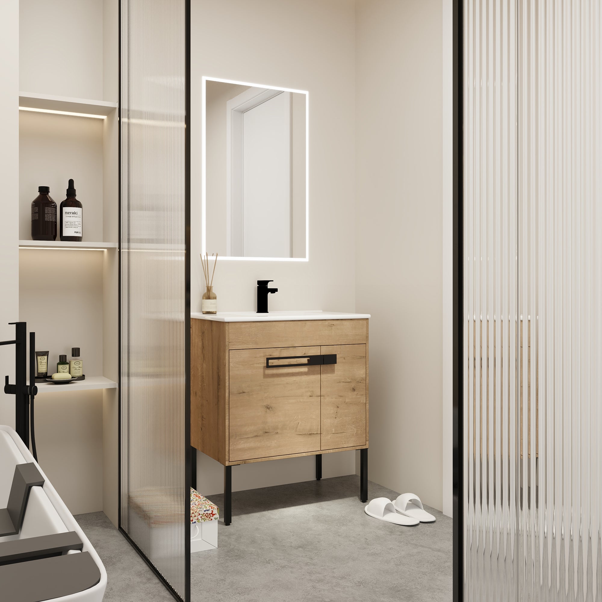 30 inch Plywood Freestanding/Wall Mounted Bathroom Vanity Set with Doors and Shelf and Integrated Ceramic Sink