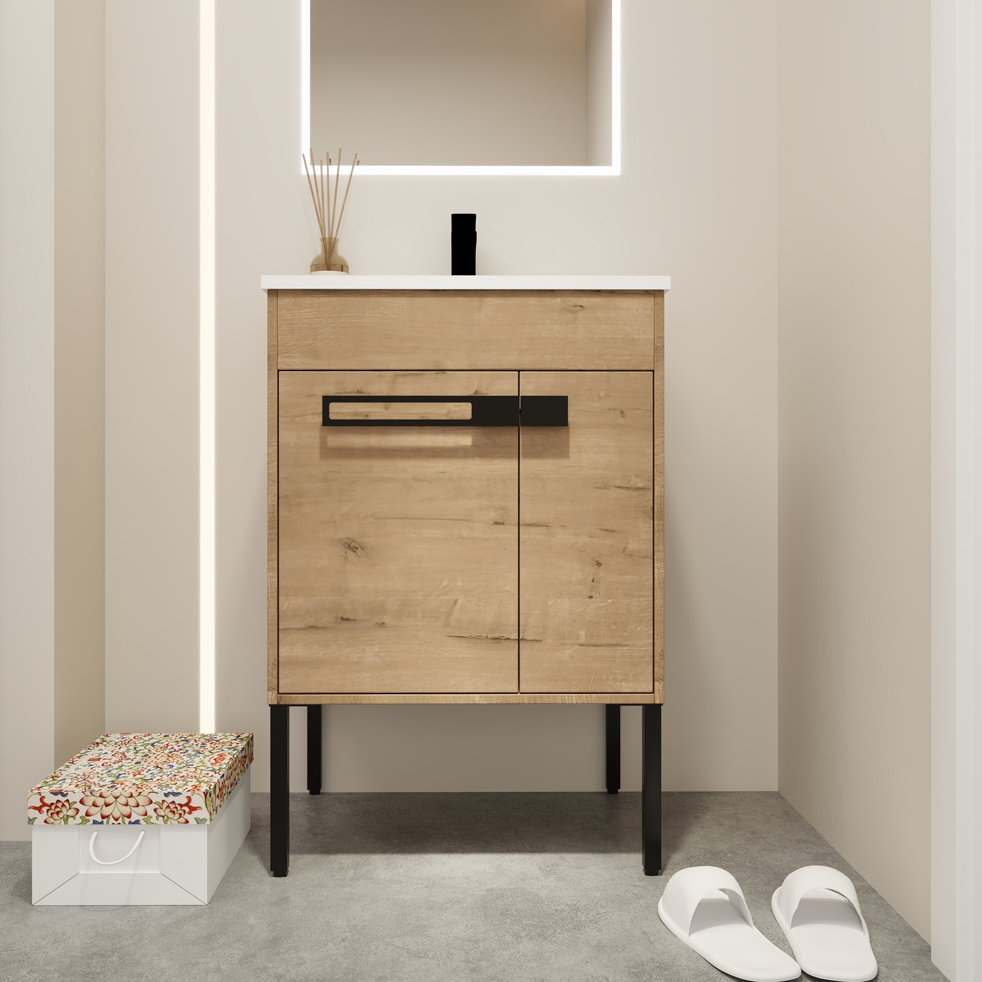 24 inch Plywood Freestanding/Wall Mounted Bathroom Vanity Set with Doors and Shelf and Integrated Ceramic Sink