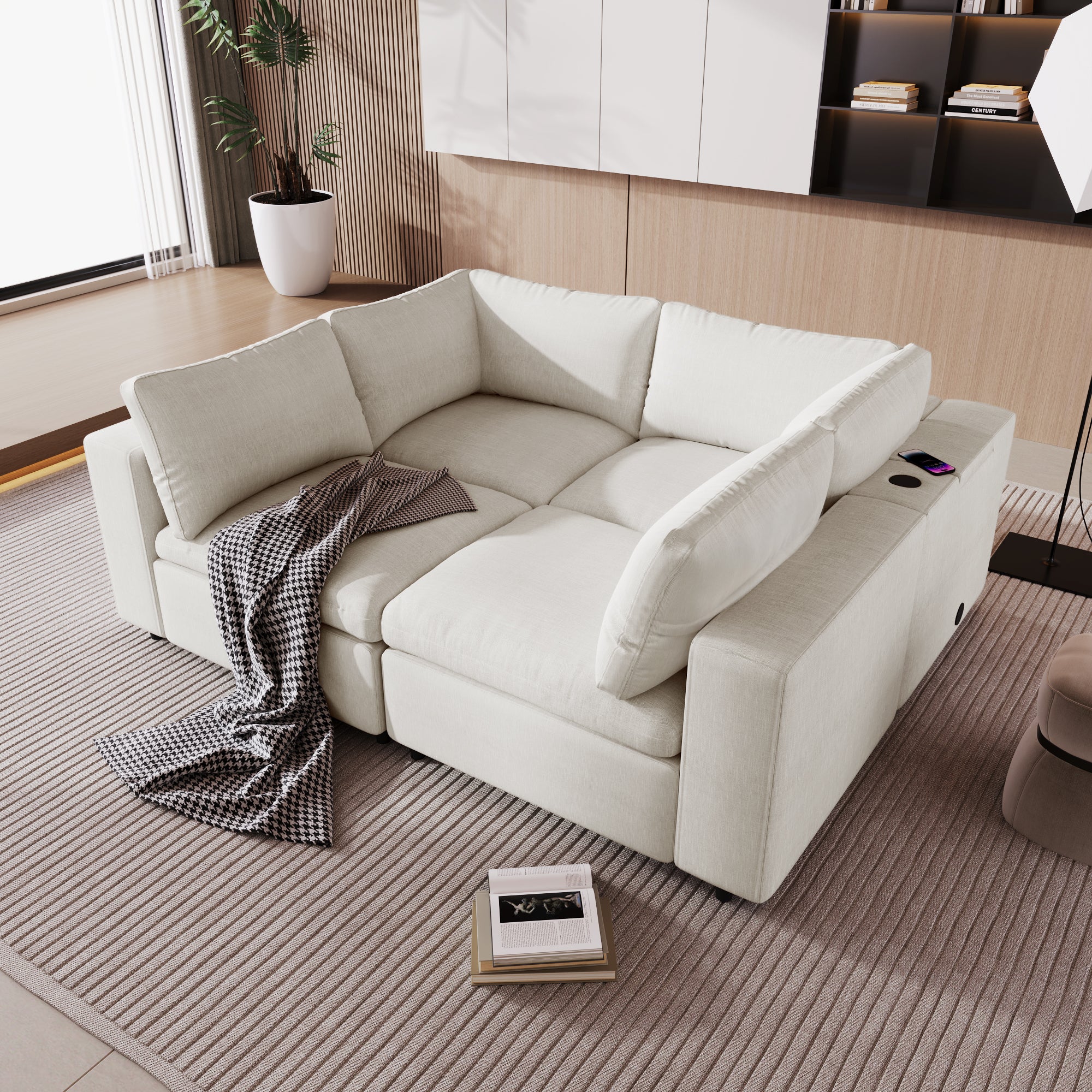 105.9" Polyester Pillow top Arm Sectional sofa with USB Charge Ports,Wireless Charging and Built-in Bluetooth Speaker in Arm