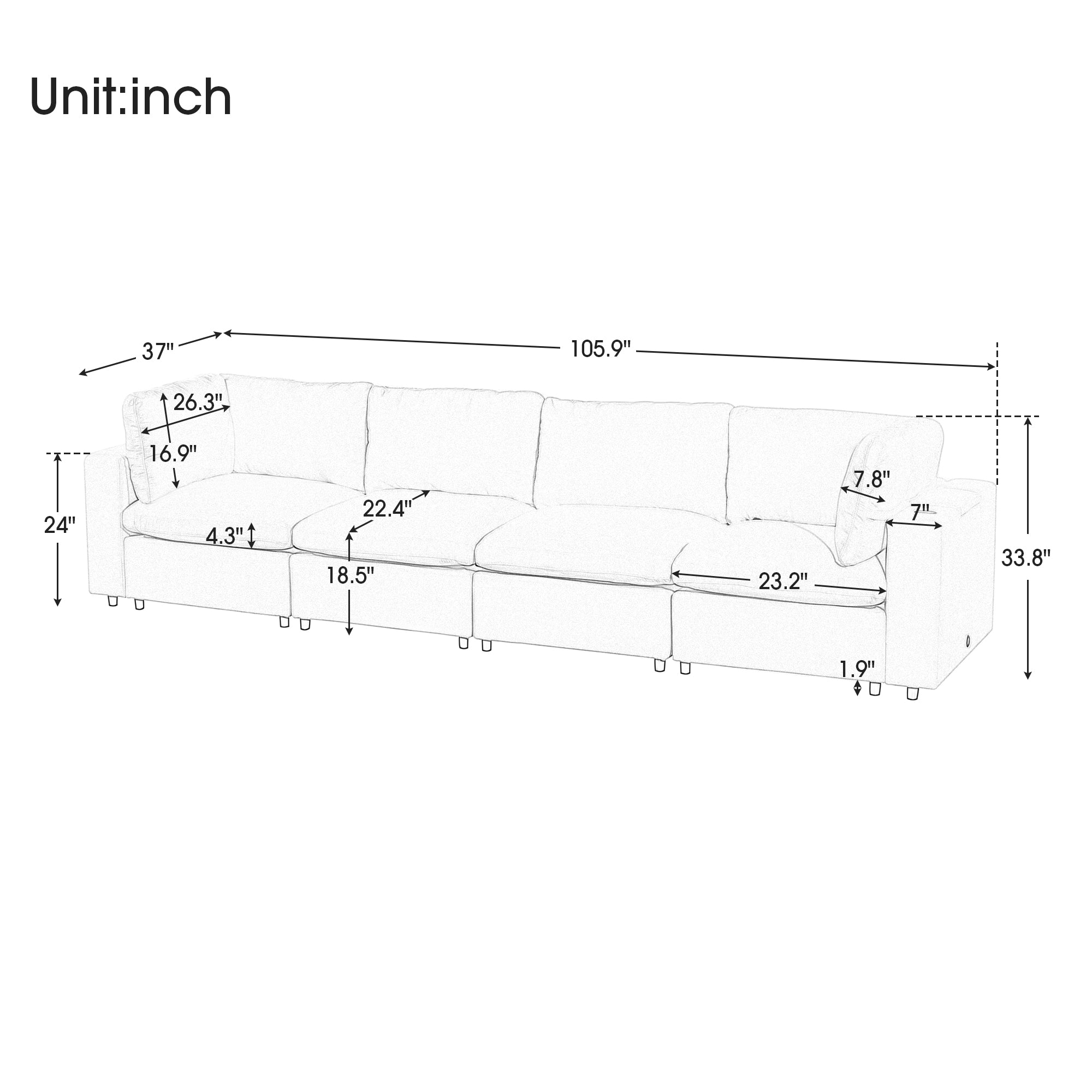 105.9" Polyester Pillow top Arm Sectional sofa with USB Charge Ports,Wireless Charging and Built-in Bluetooth Speaker in Arm