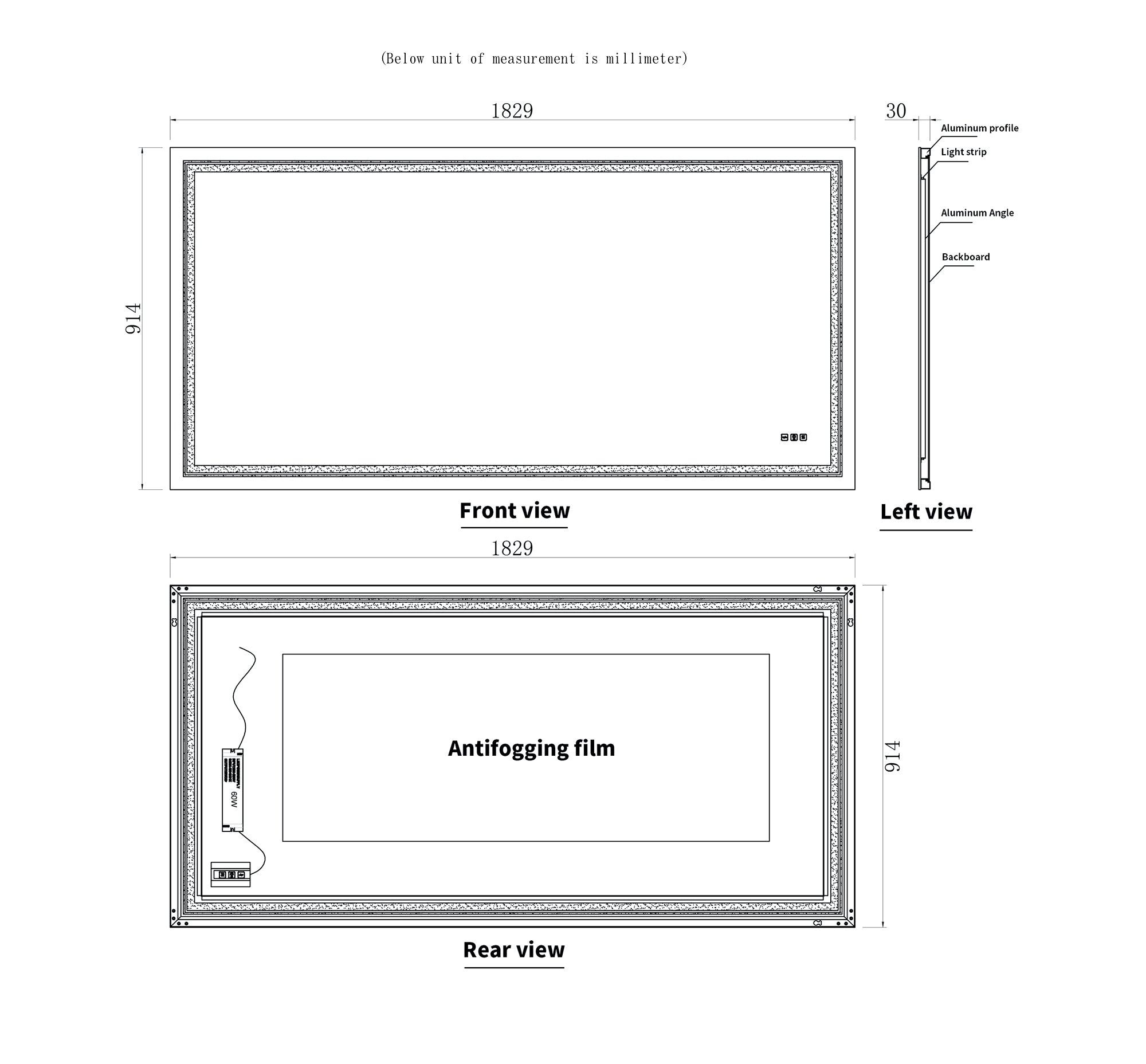 Rectangular Frameless LED Anti-Fog Wall-Mounted Bathroom Vanity Mirror