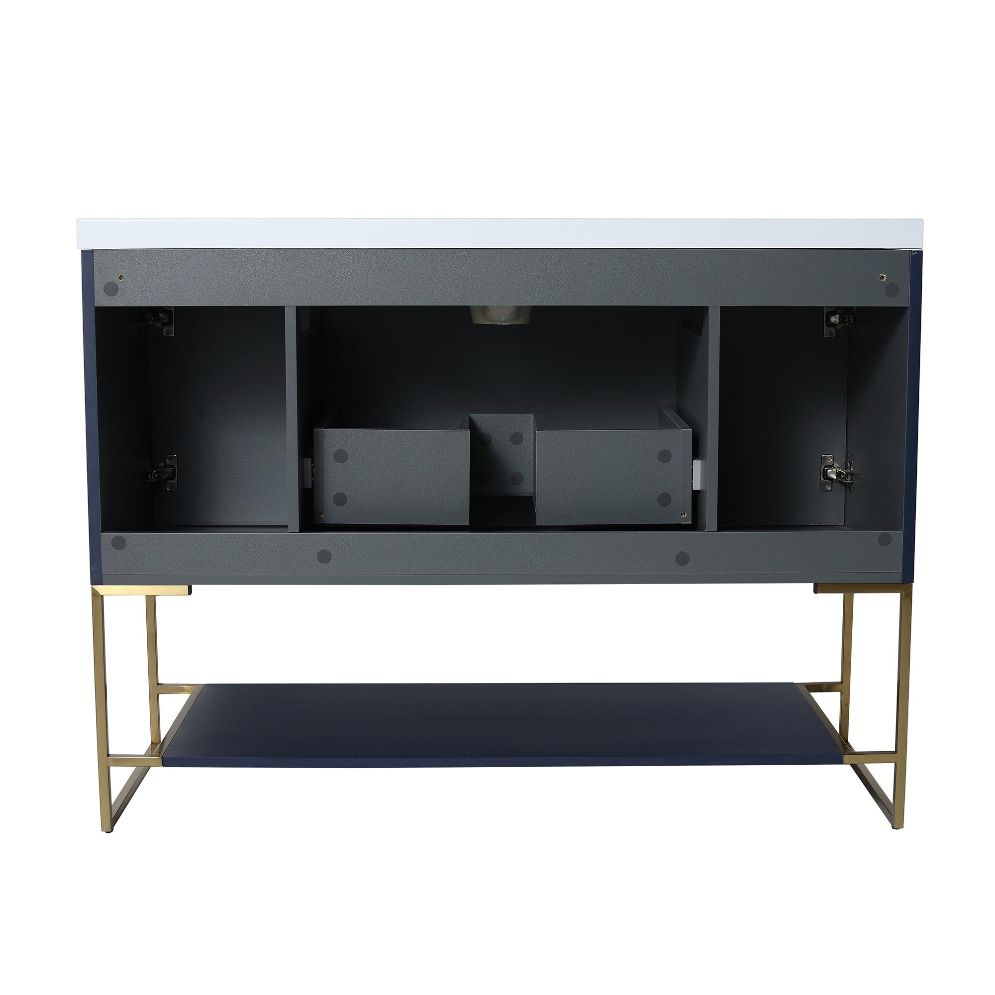 48 inch Navy Blue Plywood Freestanding Bathroom Vanity Set with Doors and Drawer and Open shelf and Integrated Resin Sink