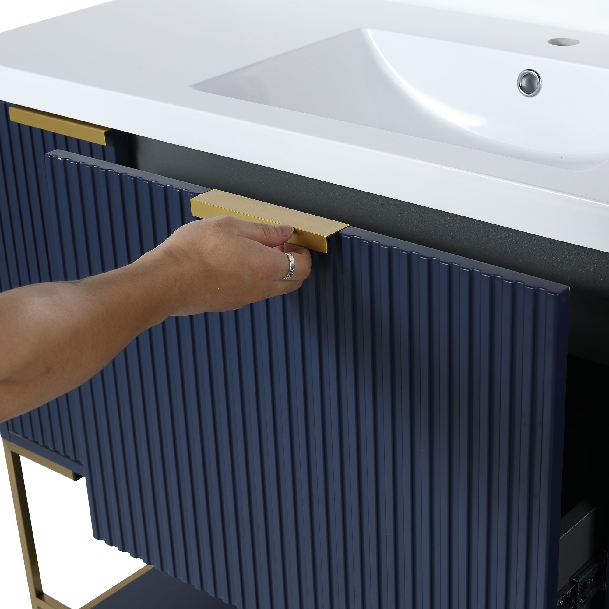 48 inch Navy Blue Plywood Freestanding Bathroom Vanity Set with Doors and Drawer and Open shelf and Integrated Resin Sink