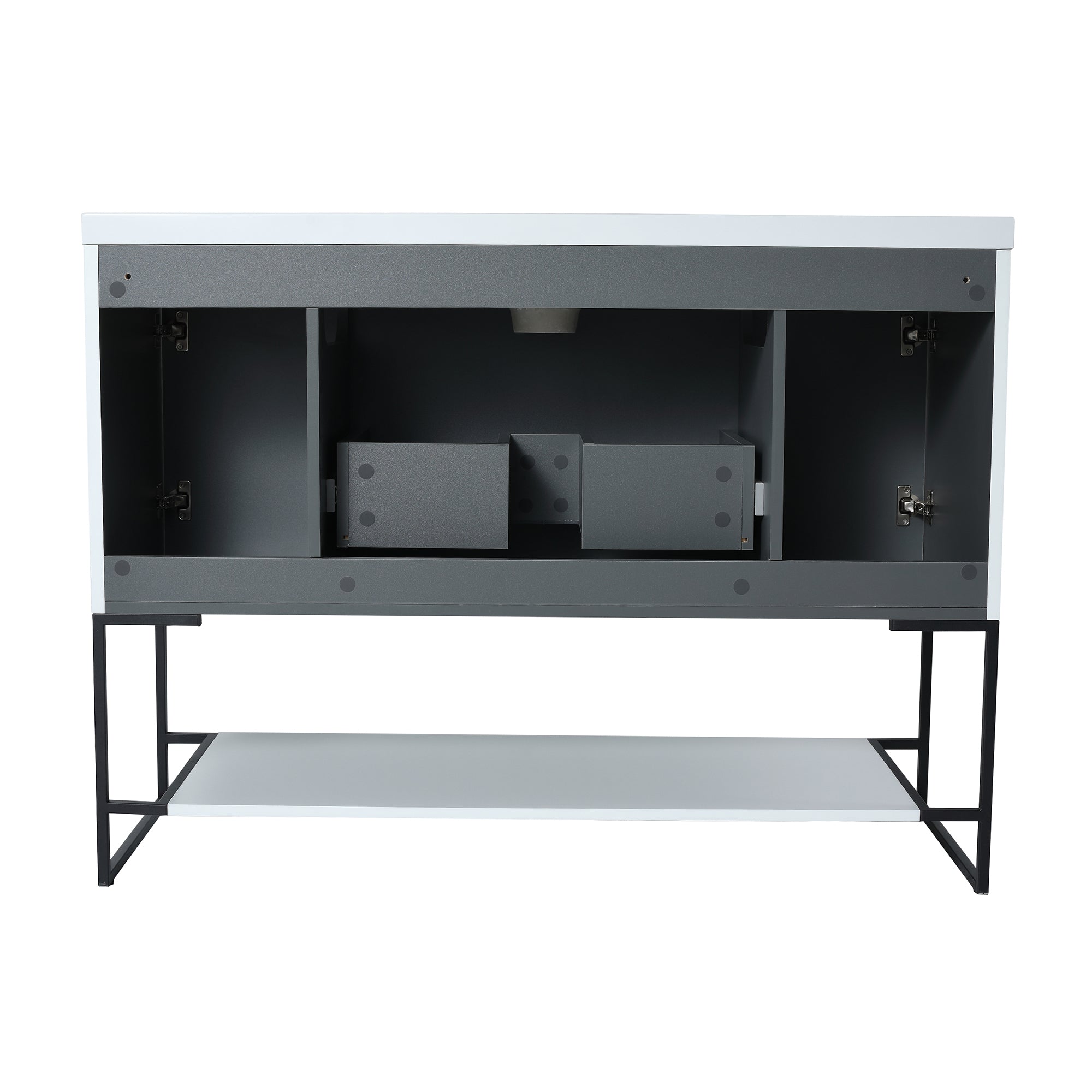 48 inch White Plywood Freestanding Bathroom Vanity Set with Doors and Drawer and Open shelf and Integrated Resin Sink